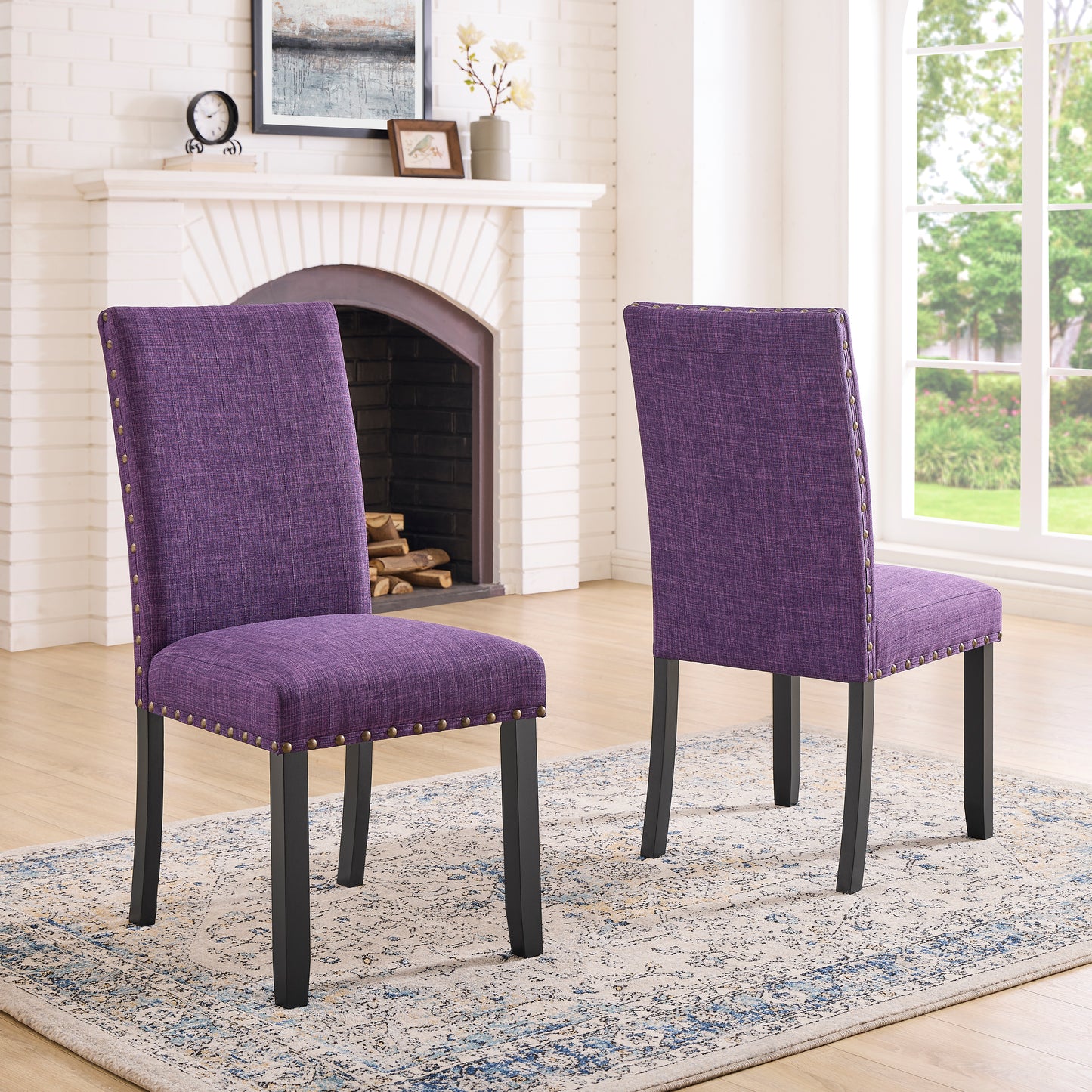 Roundhill Furniture Biony Fabric Dining Chairs with Nailhead Trim, Set of 2