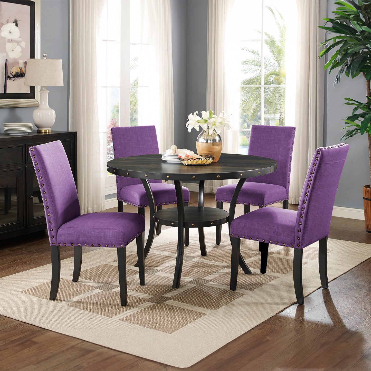 Roundhill Furniture Biony Fabric Dining Chairs with Nailhead Trim, Set of 2