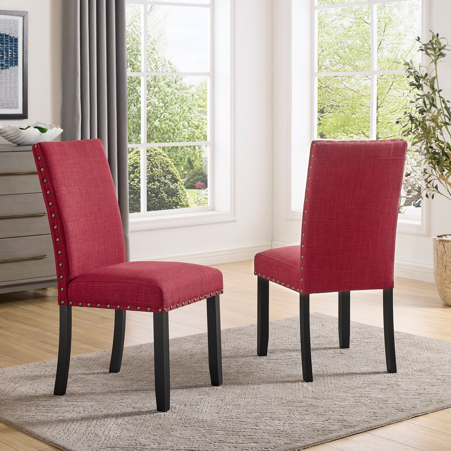Roundhill Furniture Biony Fabric Dining Chairs with Nailhead Trim, Set of 2