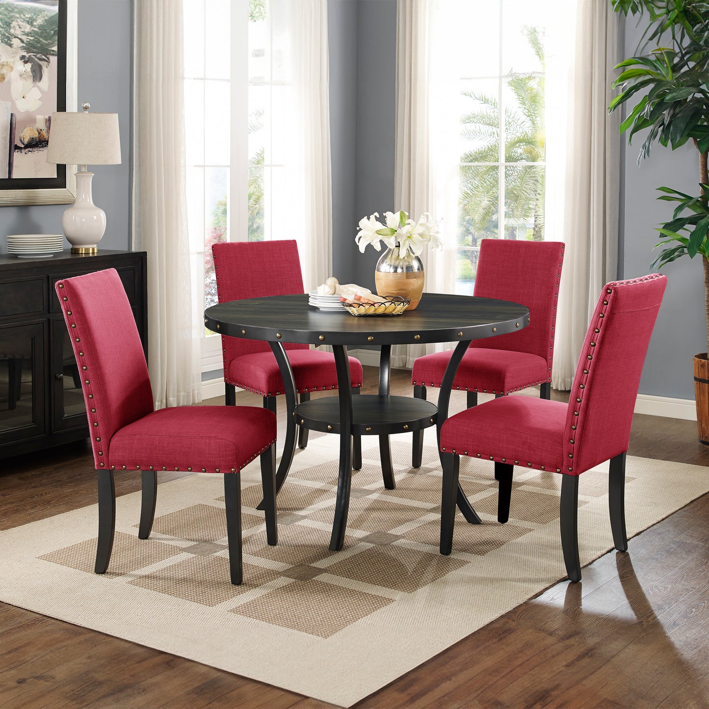 Roundhill Furniture Biony Fabric Dining Chairs with Nailhead Trim, Set of 2