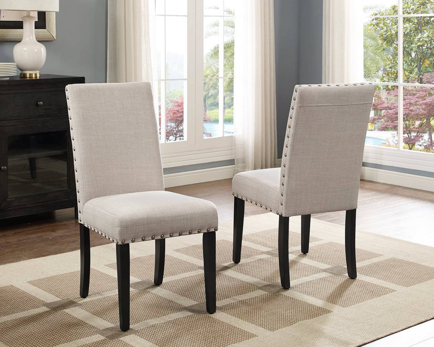 Roundhill Furniture Biony Fabric Dining Chairs with Nailhead Trim, Set of 2