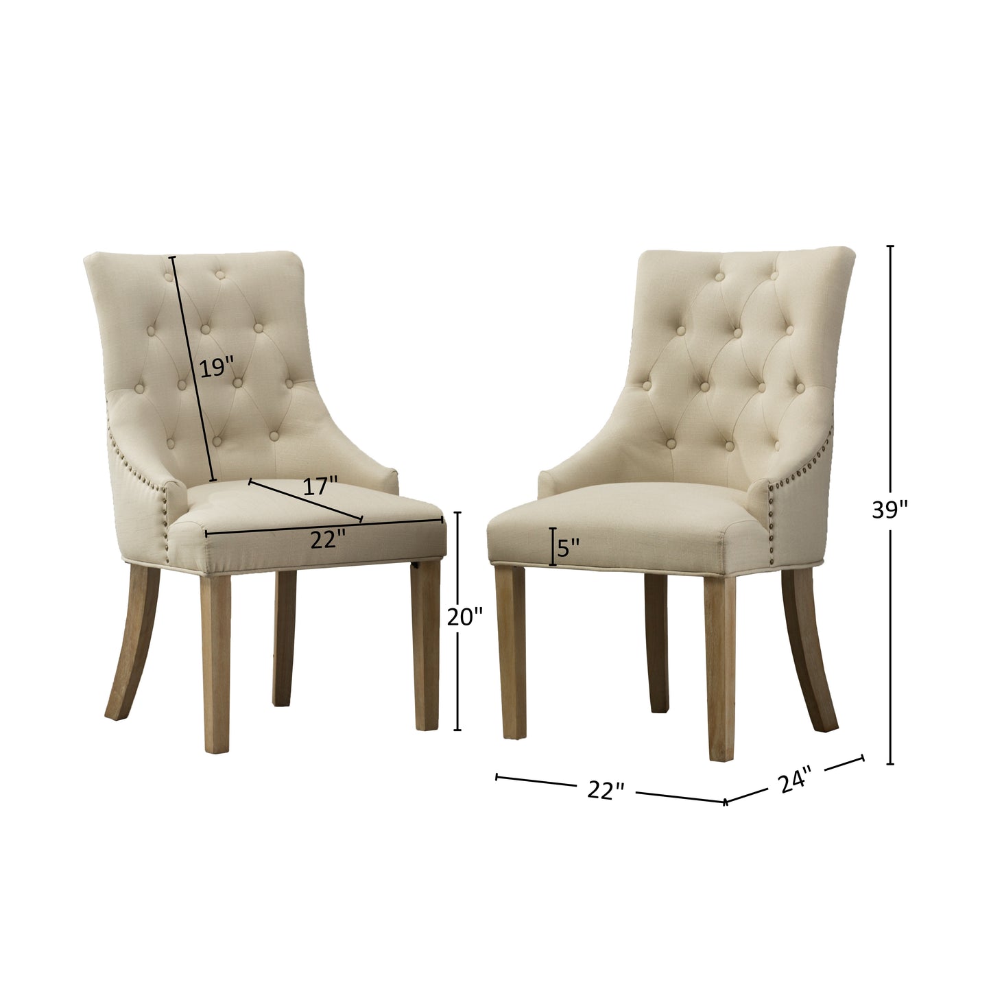 Tan Button Tufted Solid Wood Wingback Hostess Chairs with Nail Heads Set of 2