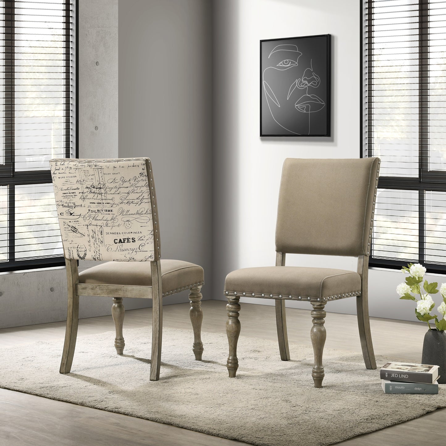 Birmingham Script Printed Driftwood Finish Dining Chair with Nail head, Set of 2