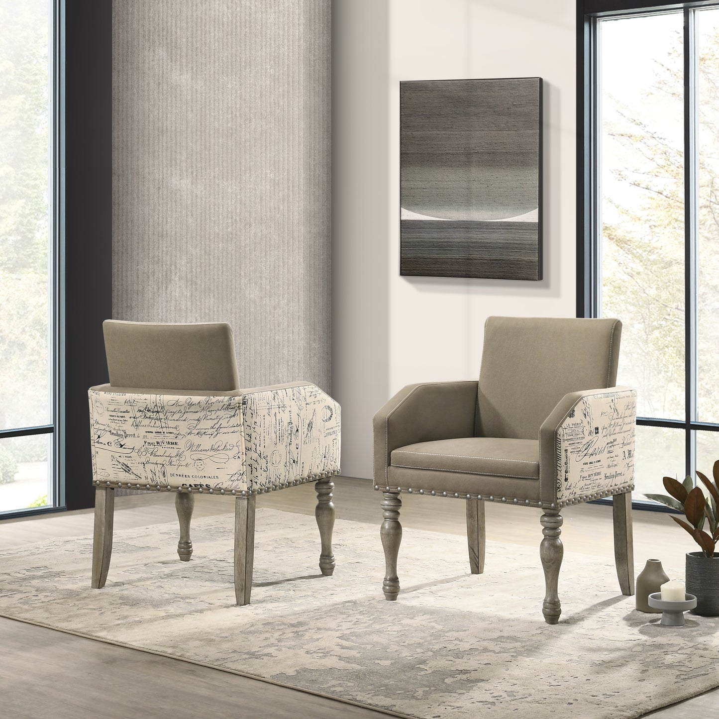 Birmingham Script Printed Driftwood Finish Dining Arm Chair with Nail head, Set of 2