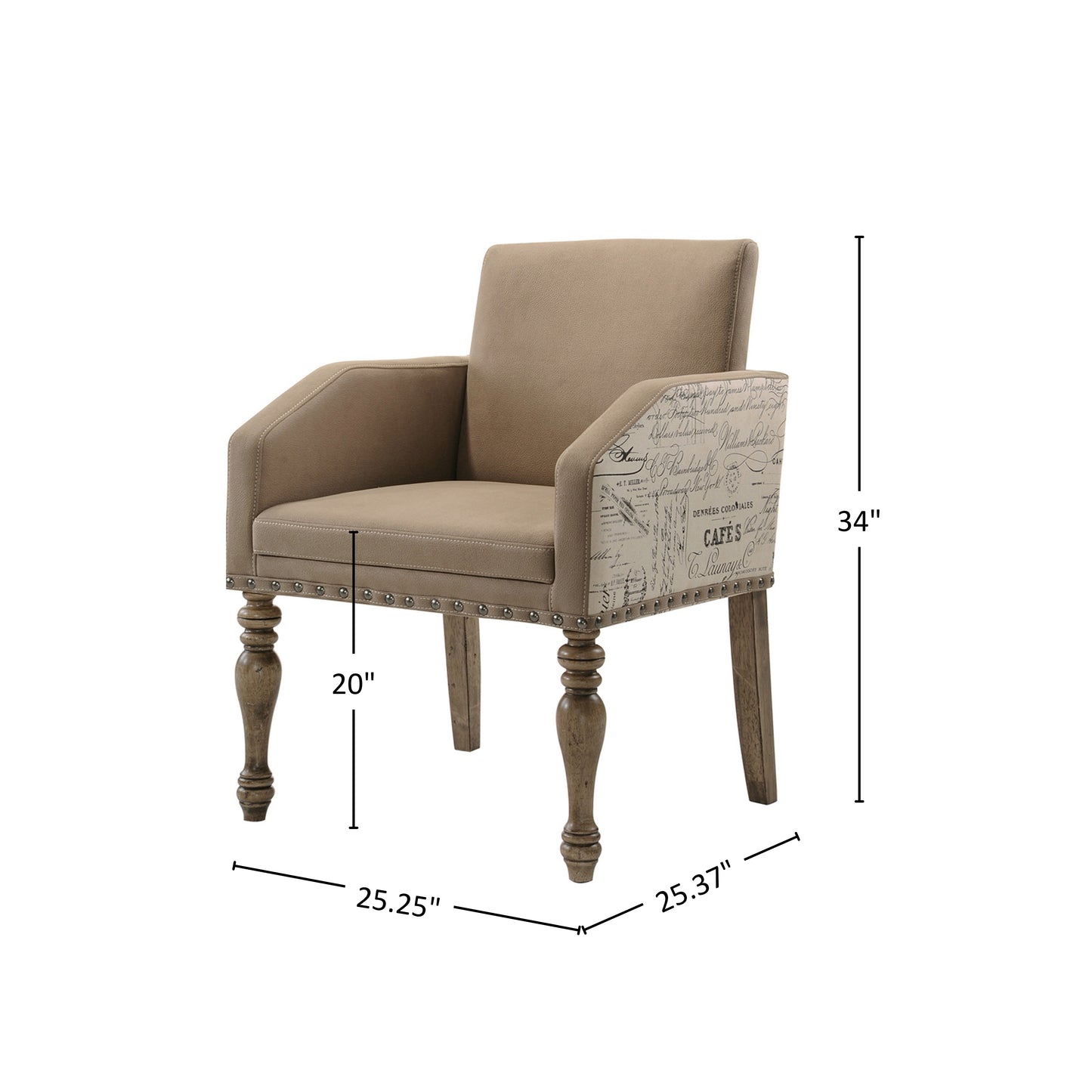Birmingham Script Printed Driftwood Finish Dining Arm Chair with Nail head, Set of 2
