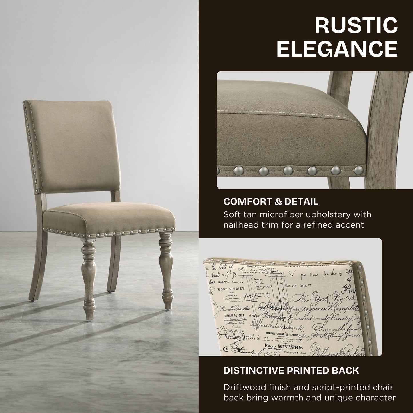 Birmingham Script Printed Driftwood Finish Dining Chair with Nail head, Set of 2