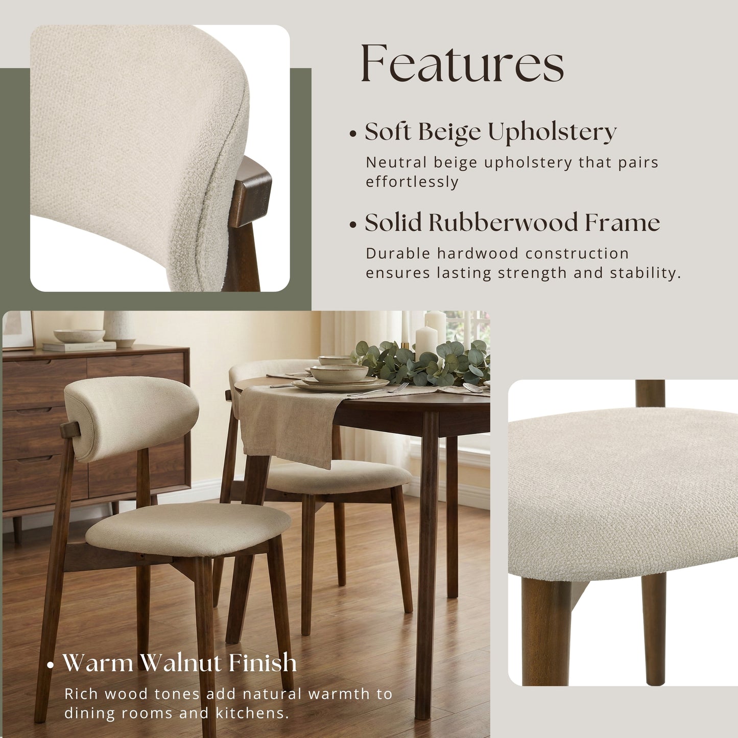Roundhill Furniture Arnott Upholstered Dining Chairs, Set of 2, Walnut Finish
