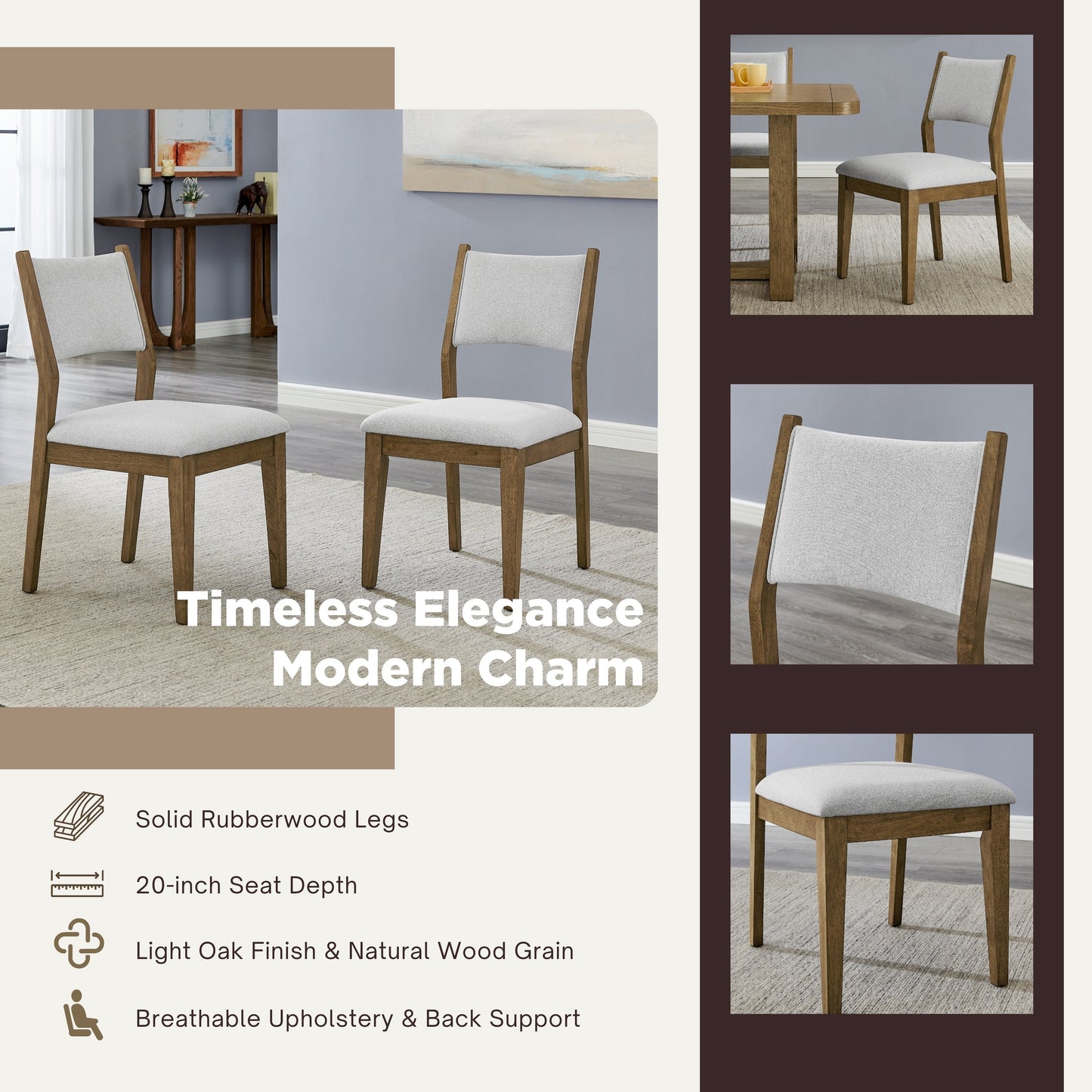 Roundhill Furniture Parker Upholstered Dining Chairs, Set of 2, Light Oak and Gray