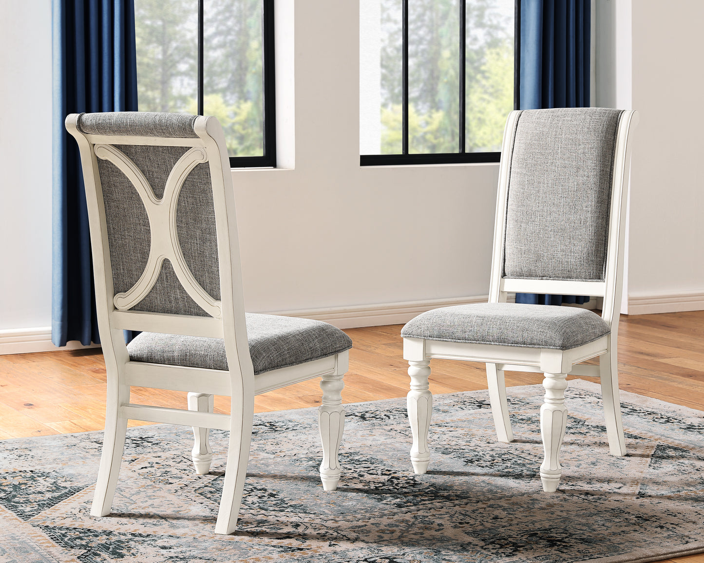 Roundhill Furniture Belleza Antique White Solid Wood Upholstered Dining Chairs, Set of 2