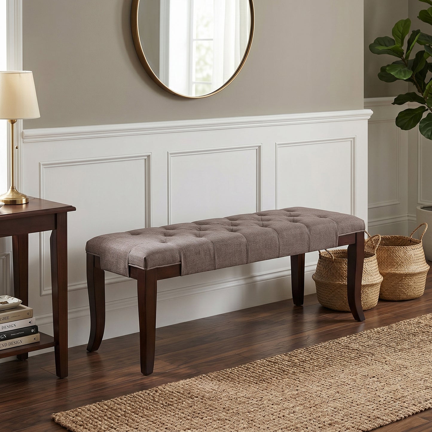 Linon Brown Fabric Tufted Ottoman Bench