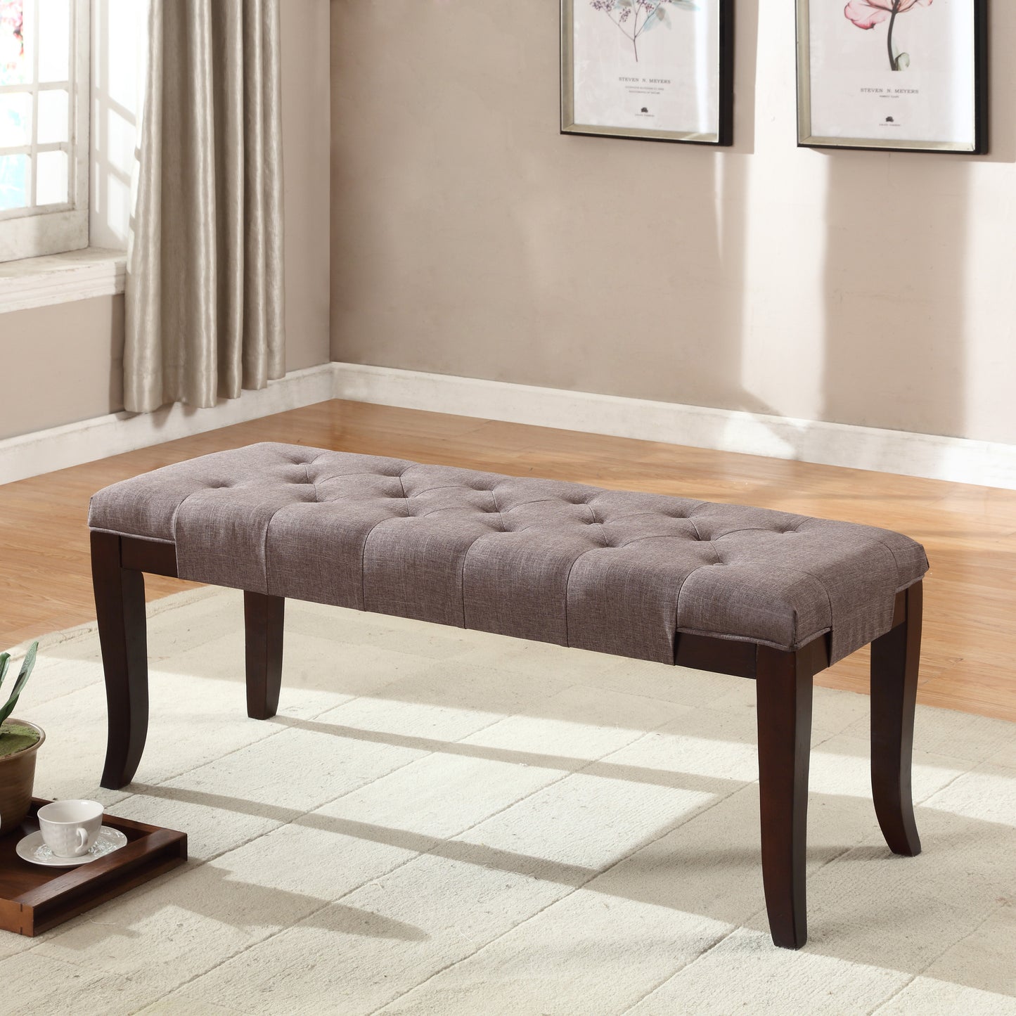 Linon Brown Fabric Tufted Ottoman Bench