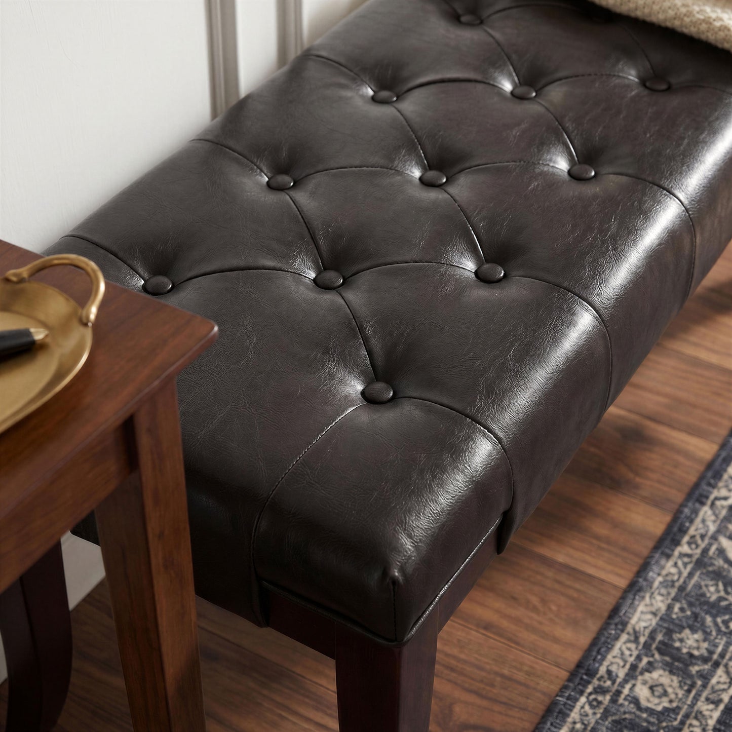 Linon Espresso Leather Tufted Ottoman Bench