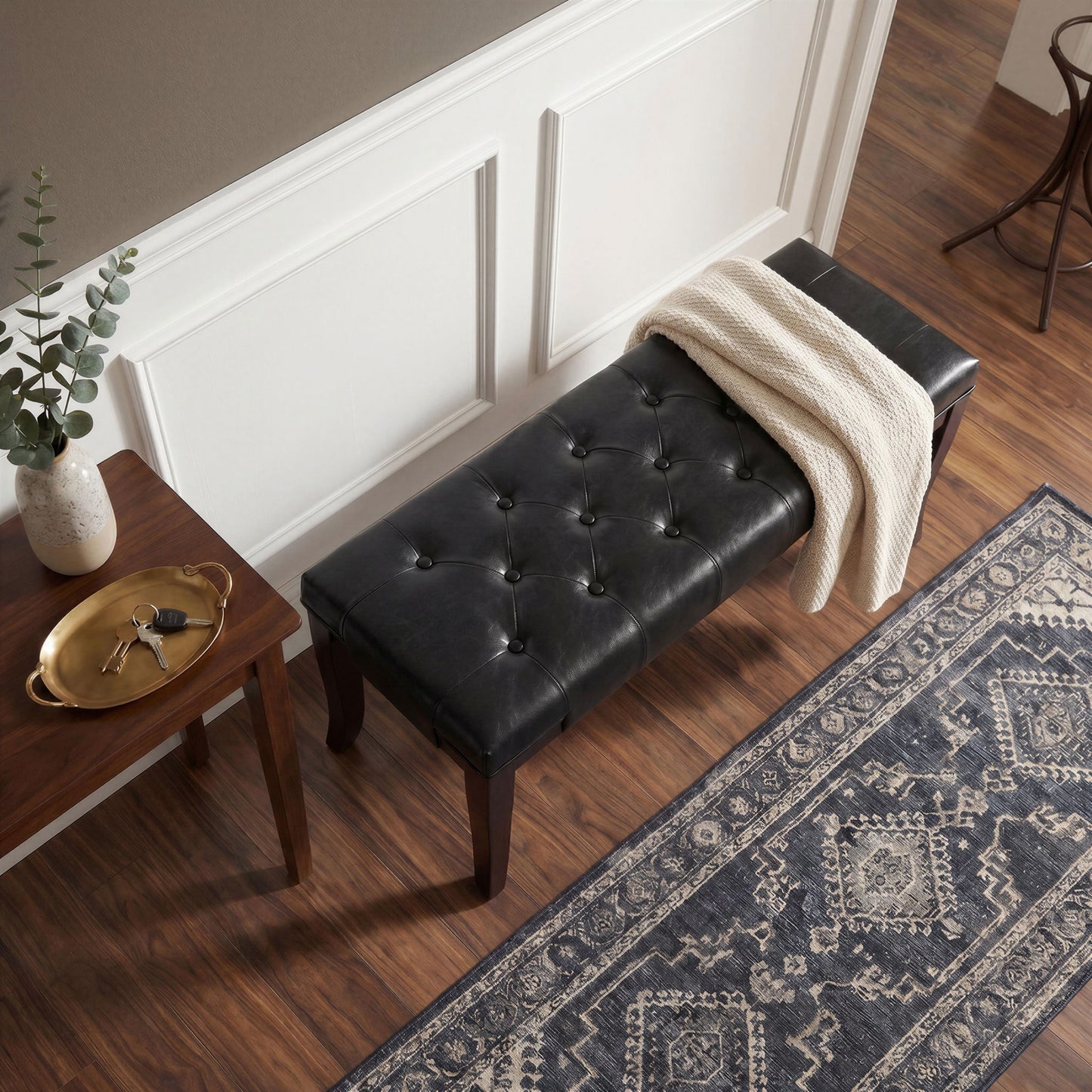 Linon Espresso Leather Tufted Ottoman Bench