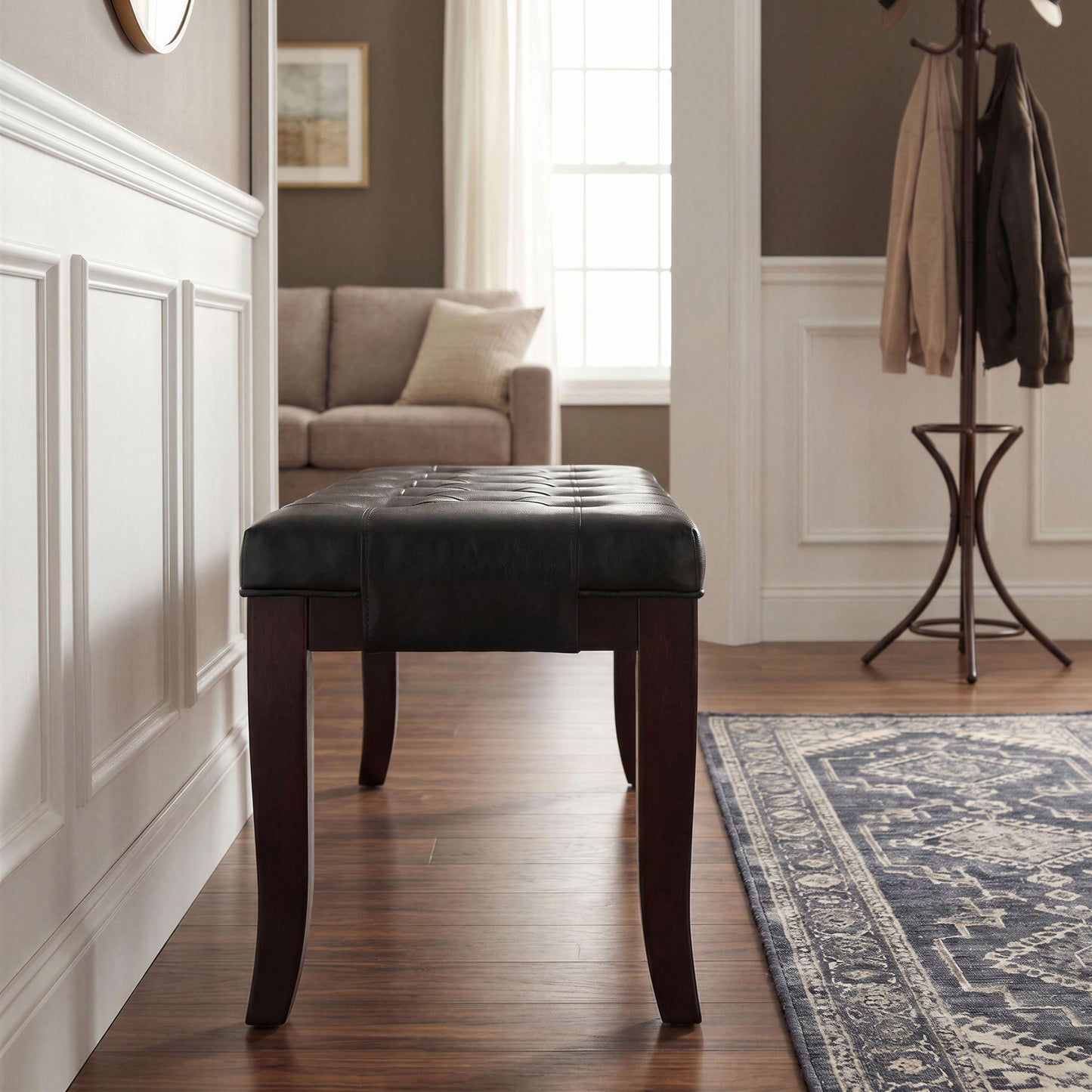 Linon Espresso Leather Tufted Ottoman Bench