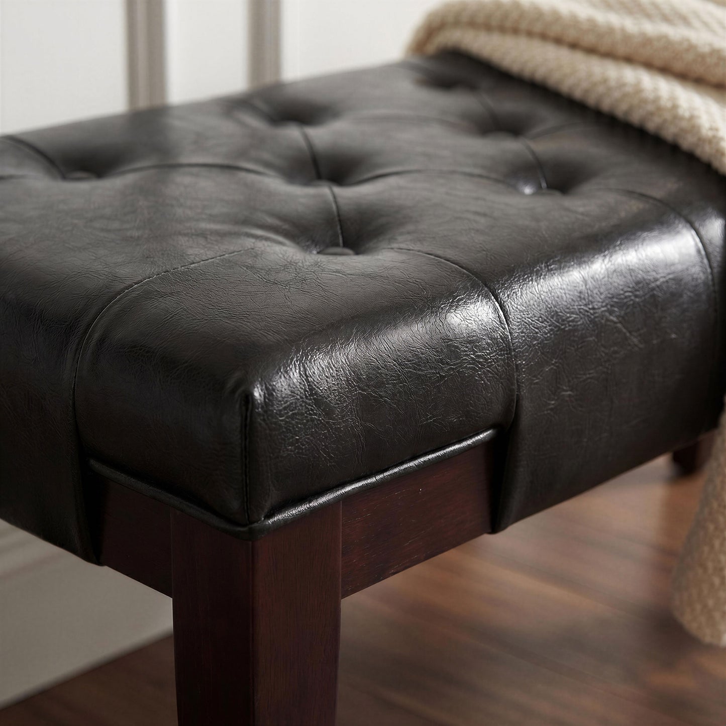 Linon Espresso Leather Tufted Ottoman Bench