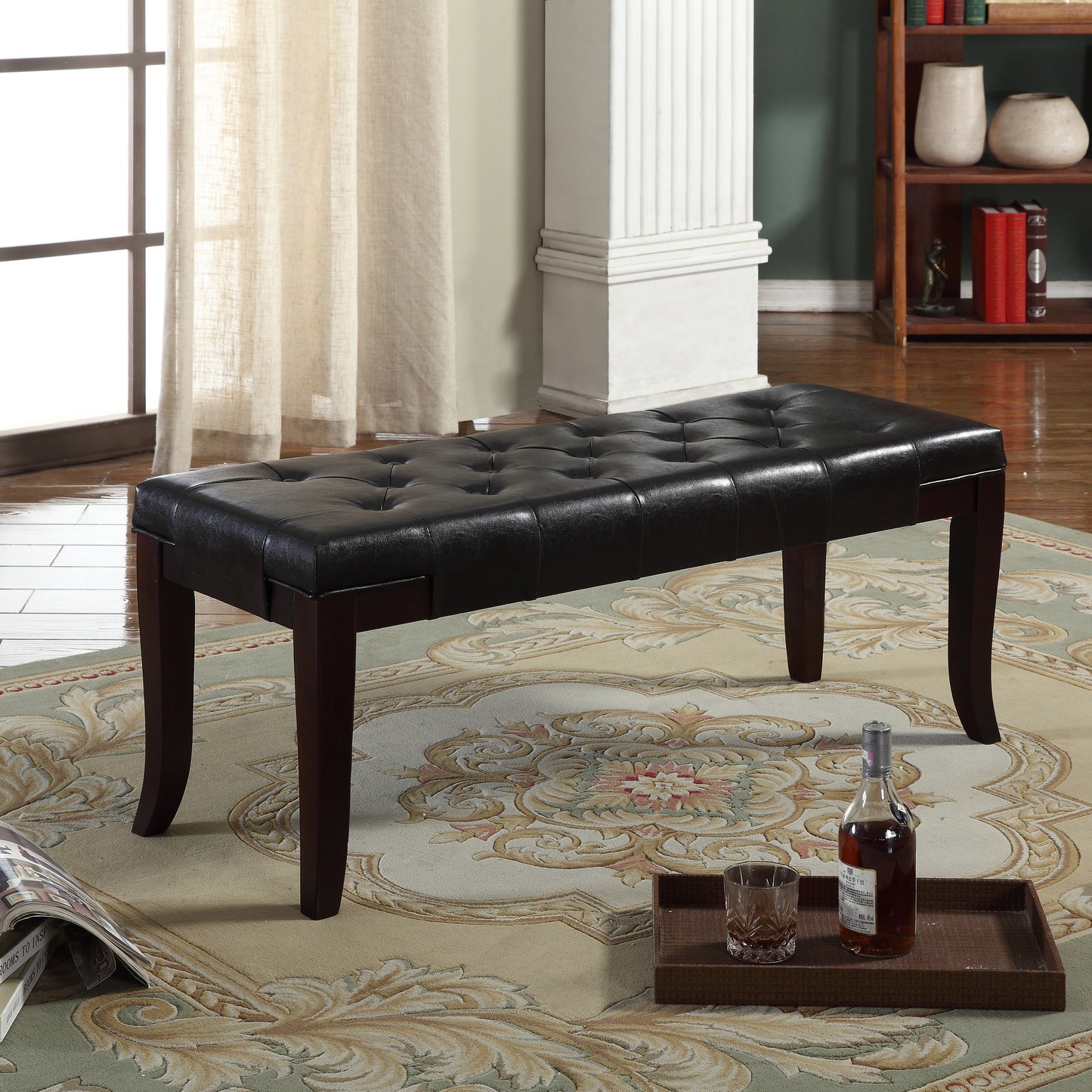 Linon Espresso Leather Tufted Ottoman Bench