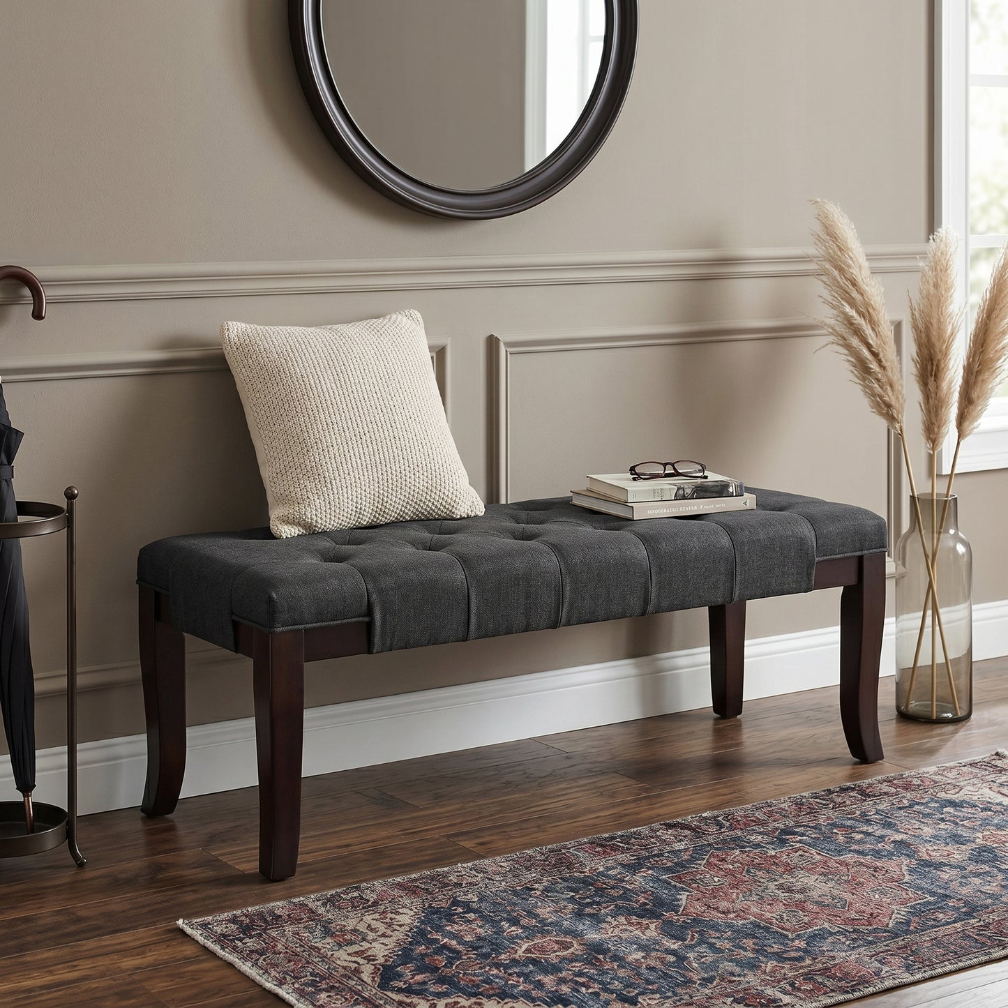 Linon Grey Fabric Tufted Ottoman Bench