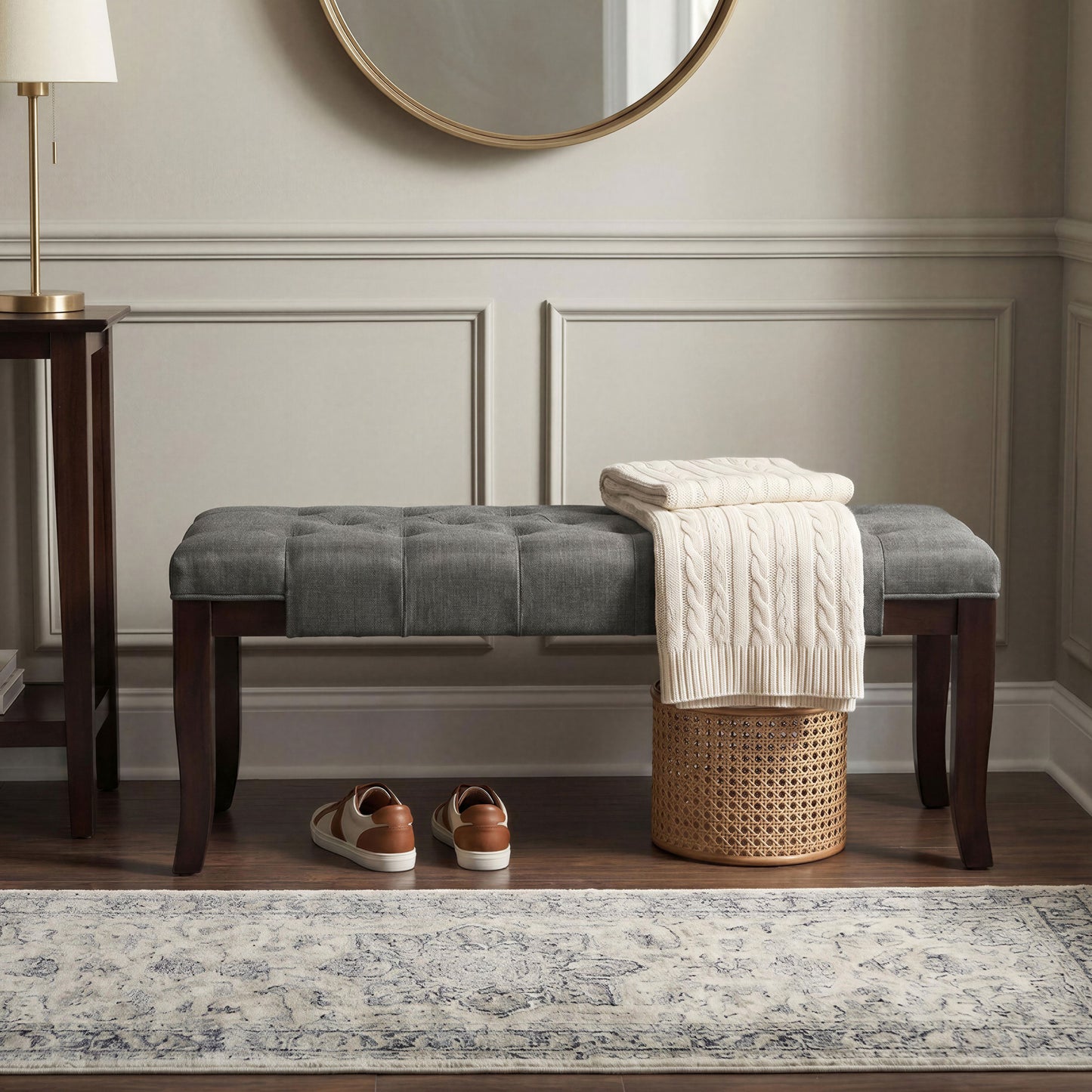 Linon Grey Fabric Tufted Ottoman Bench