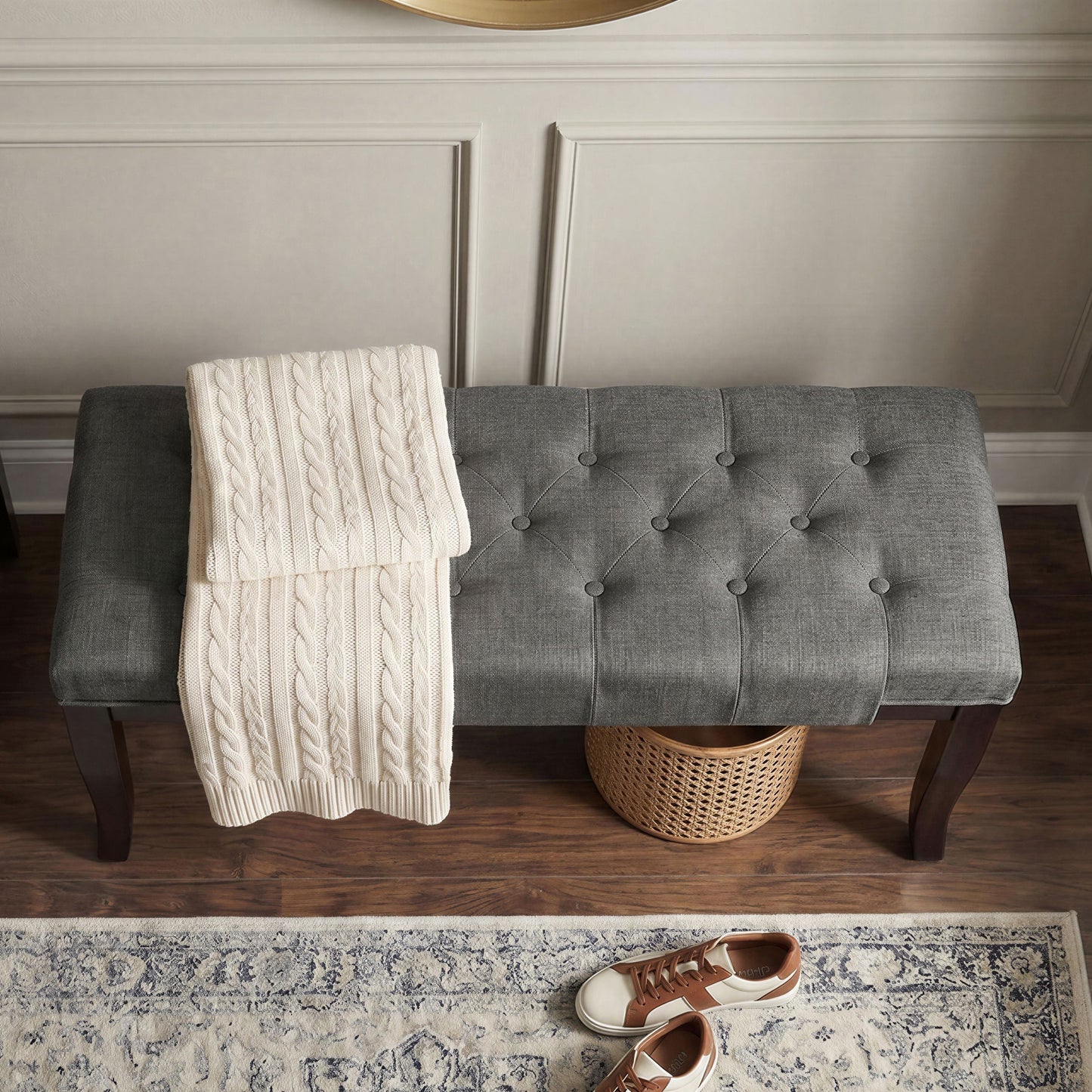 Linon Grey Fabric Tufted Ottoman Bench