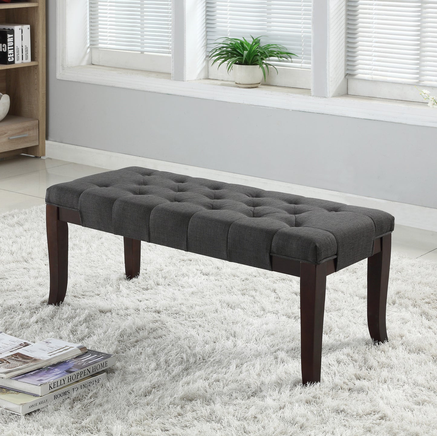 Linon Grey Fabric Tufted Ottoman Bench