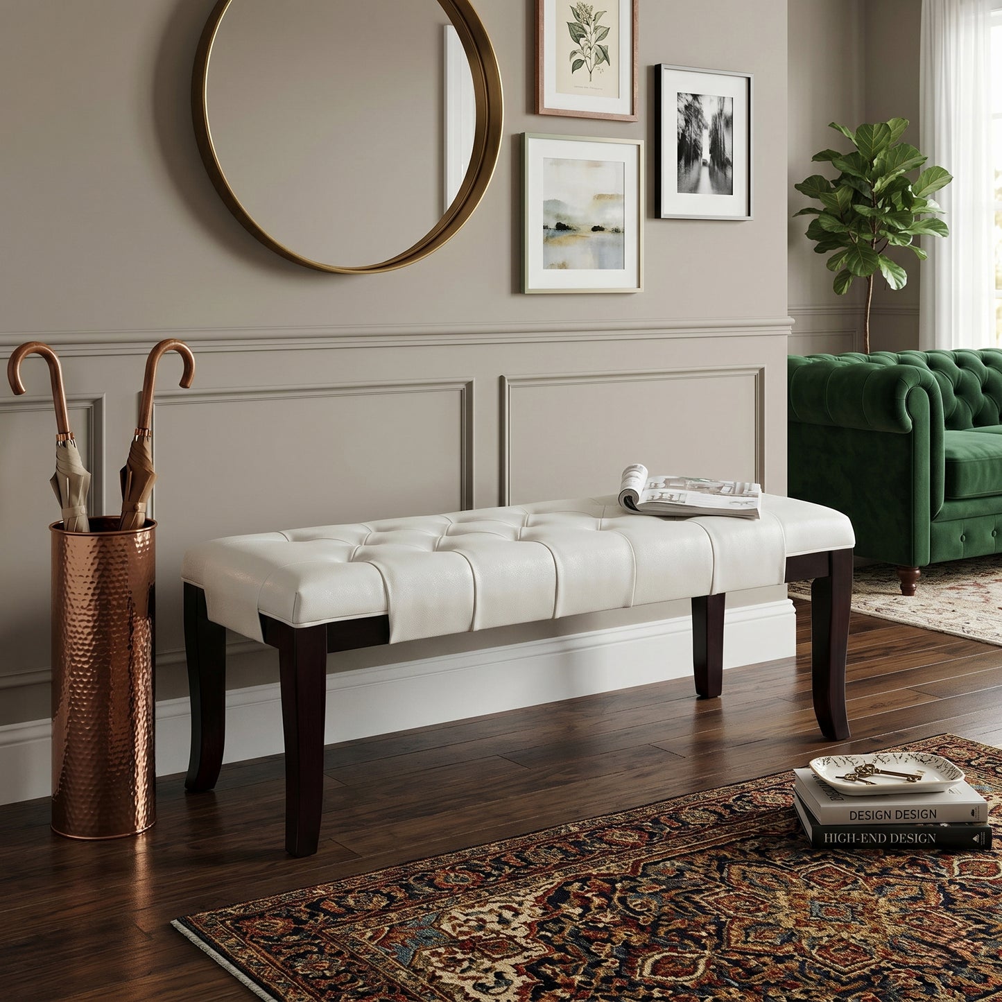 Linon White Leather Tufted Ottoman Bench