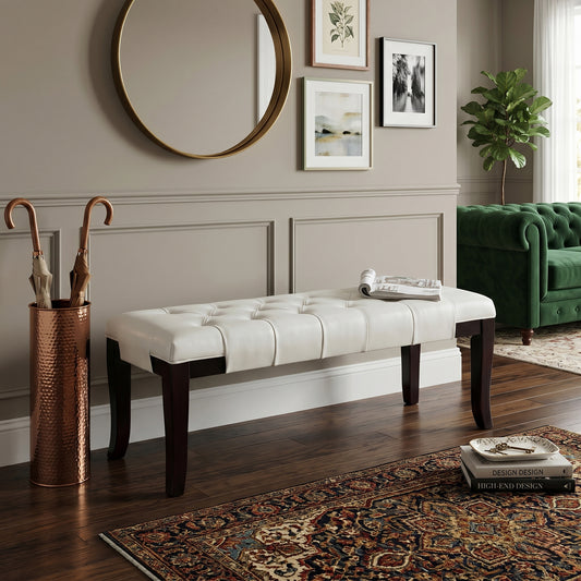 Linon White Leather Tufted Ottoman Bench