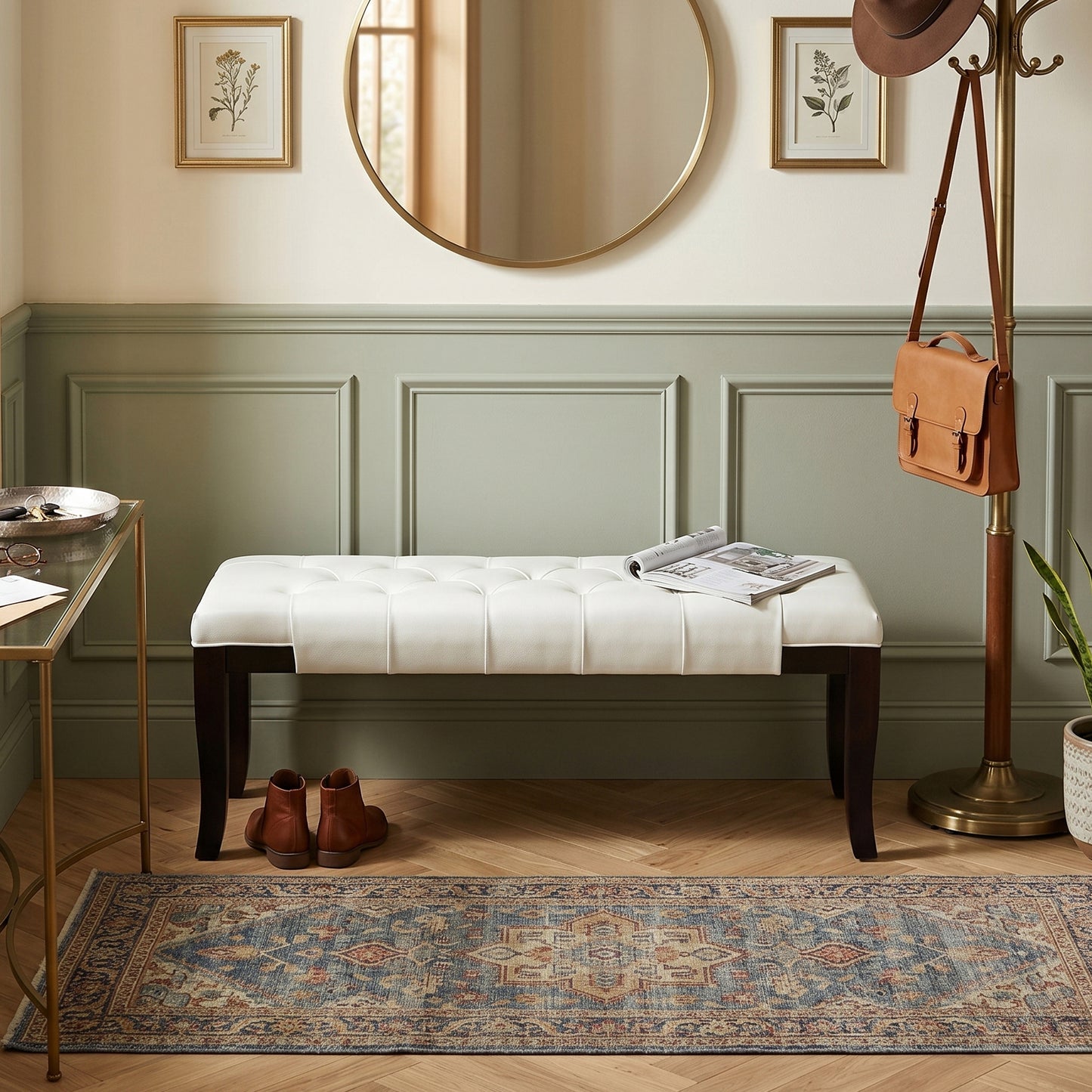 Linon White Leather Tufted Ottoman Bench