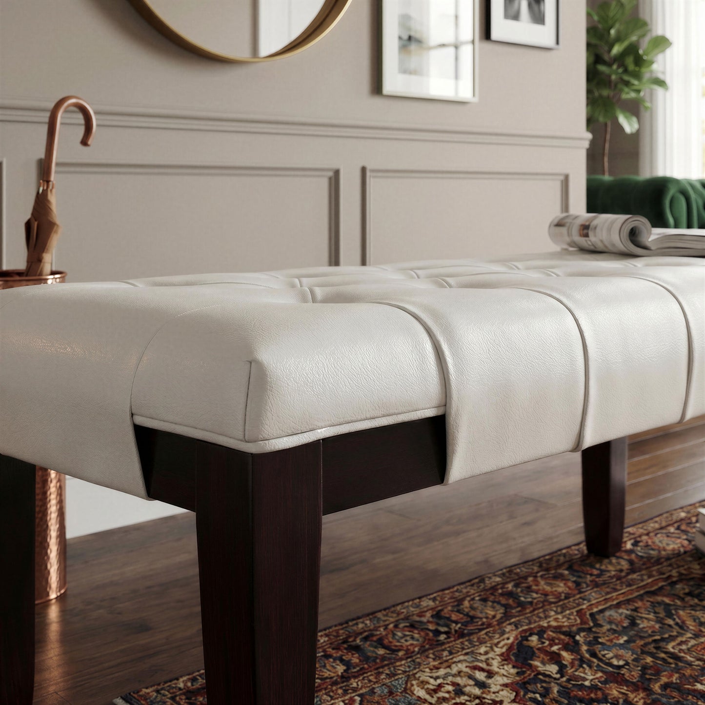 Linon White Leather Tufted Ottoman Bench