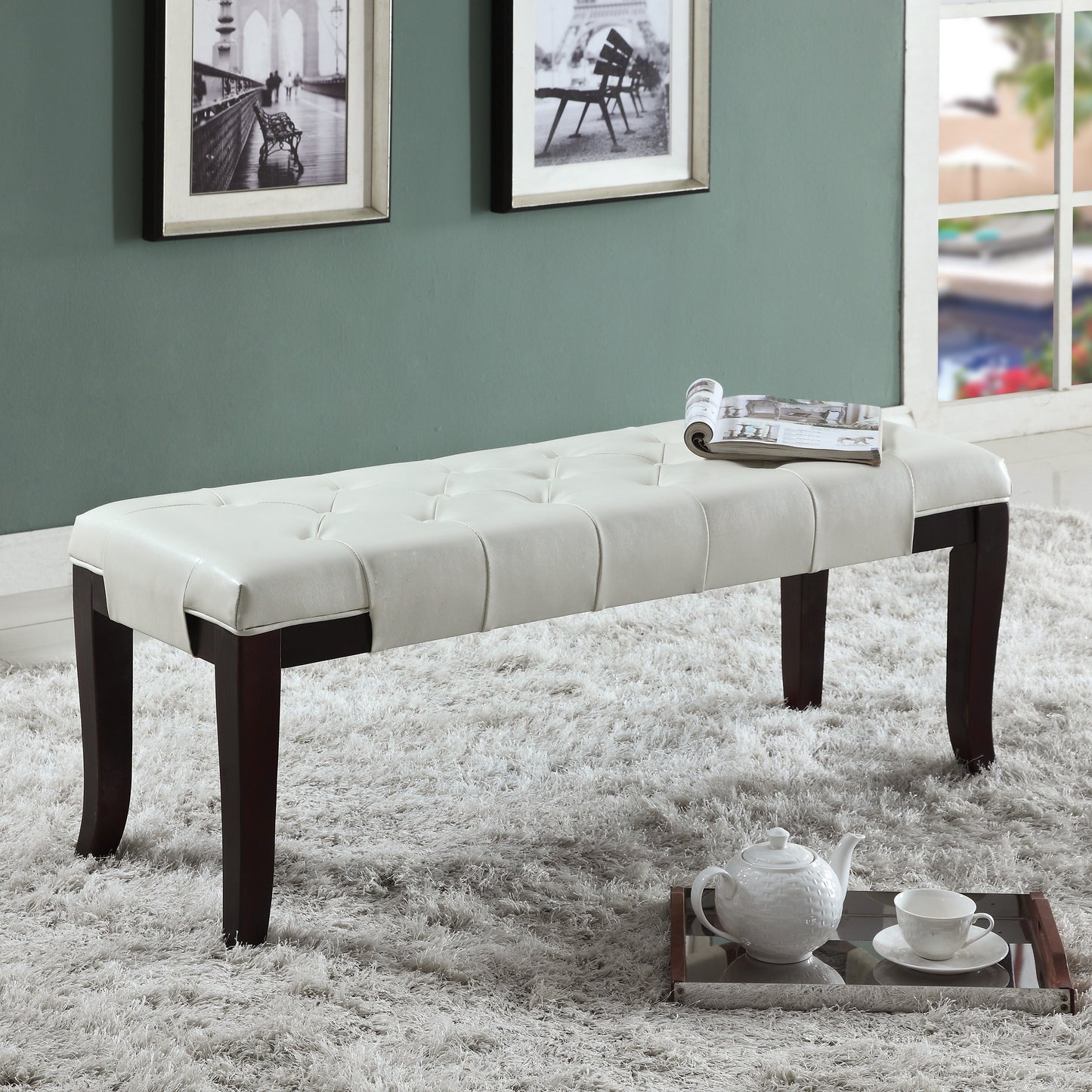 Linon White Leather Tufted Ottoman Bench