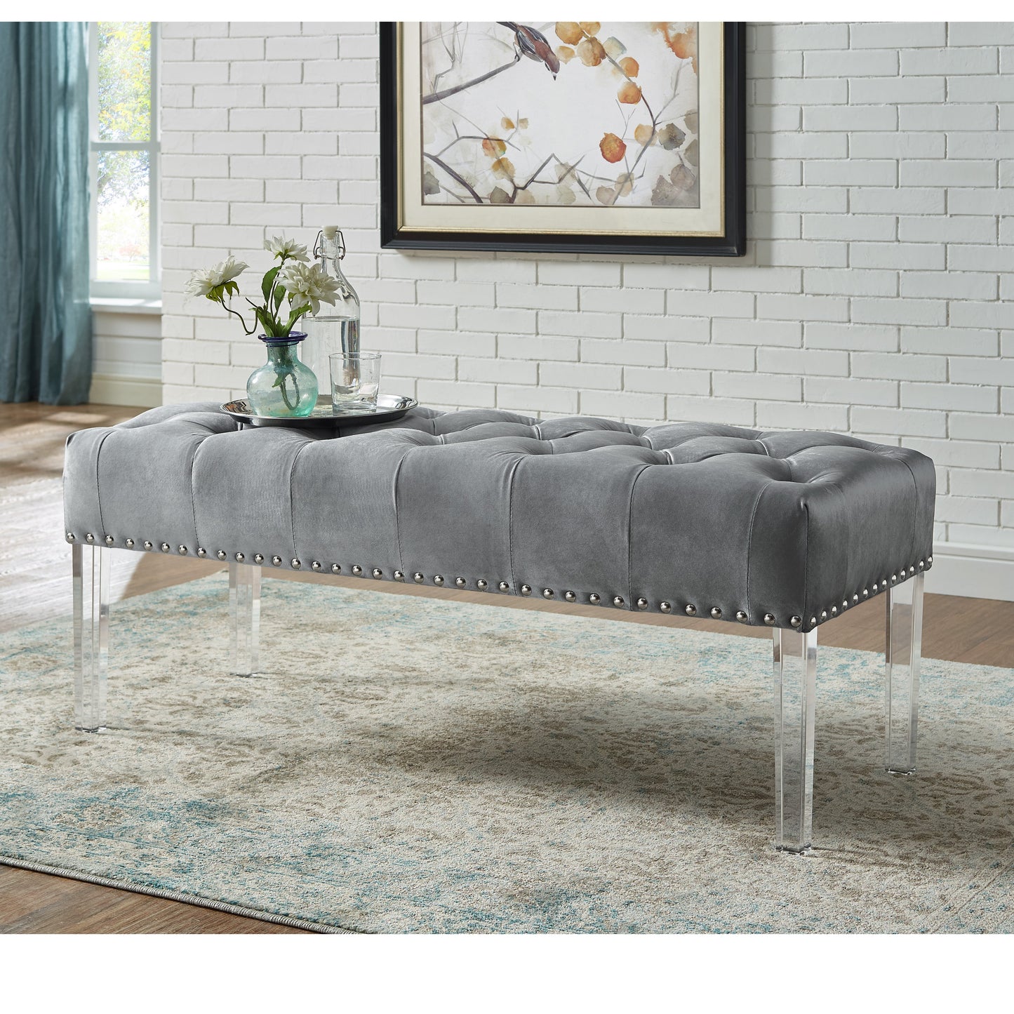 Valley Button tufted Velvet Upholstered Bench With Acrylic Leg