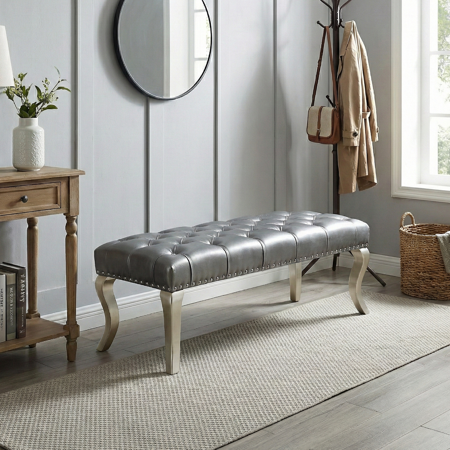 Decor Maxem Tufted Faux Leather Upholstered Seat with Nailhead Trim Bench