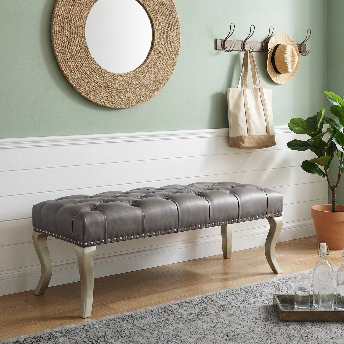 Decor Maxem Tufted Faux Leather Upholstered Seat with Nailhead Trim Bench