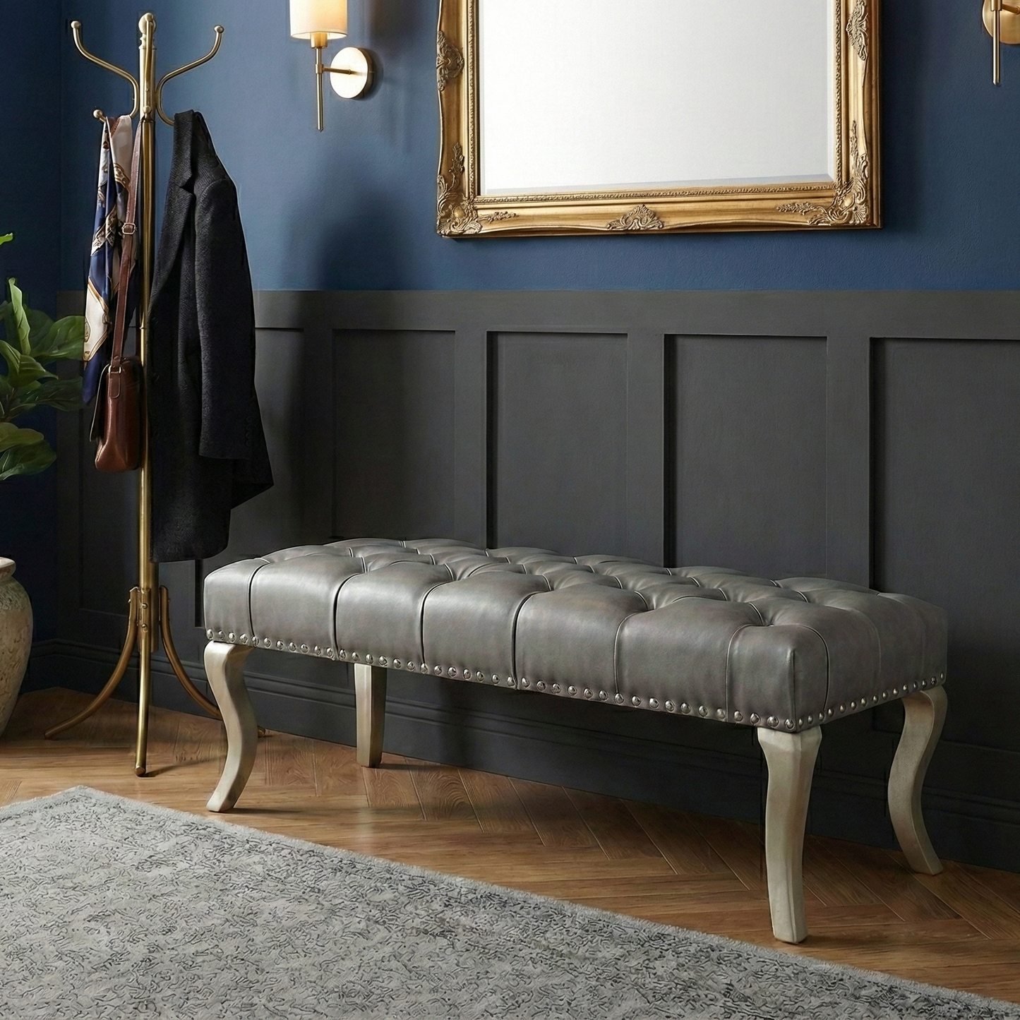 Decor Maxem Tufted Faux Leather Upholstered Seat with Nailhead Trim Bench