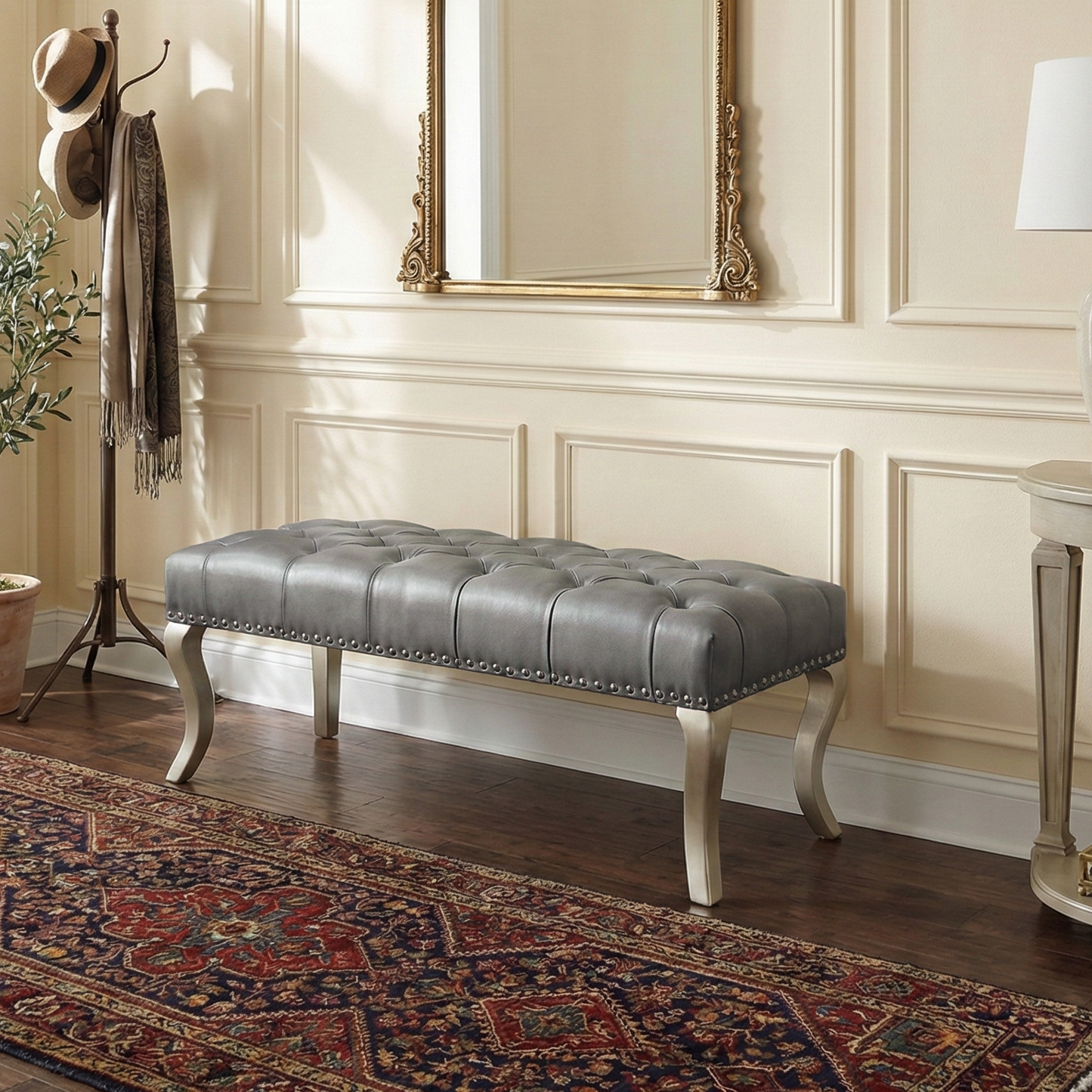 Decor Maxem Tufted Faux Leather Upholstered Seat with Nailhead Trim Bench