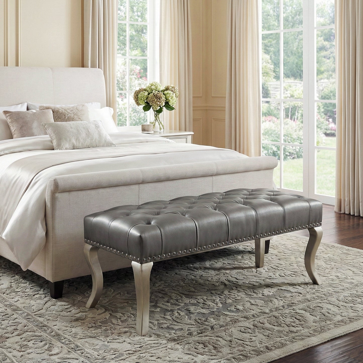 Decor Maxem Tufted Faux Leather Upholstered Seat with Nailhead Trim Bench