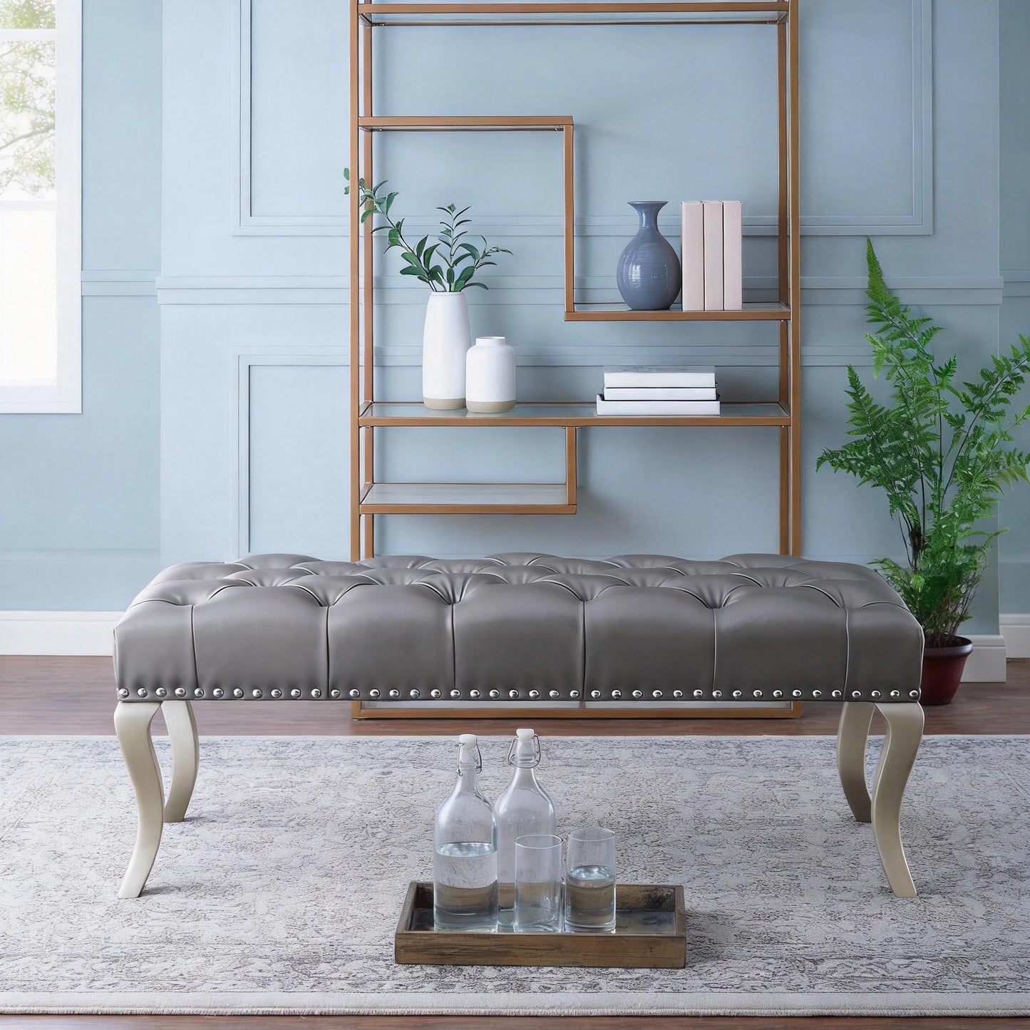 Decor Maxem Tufted Faux Leather Upholstered Seat with Nailhead Trim Bench