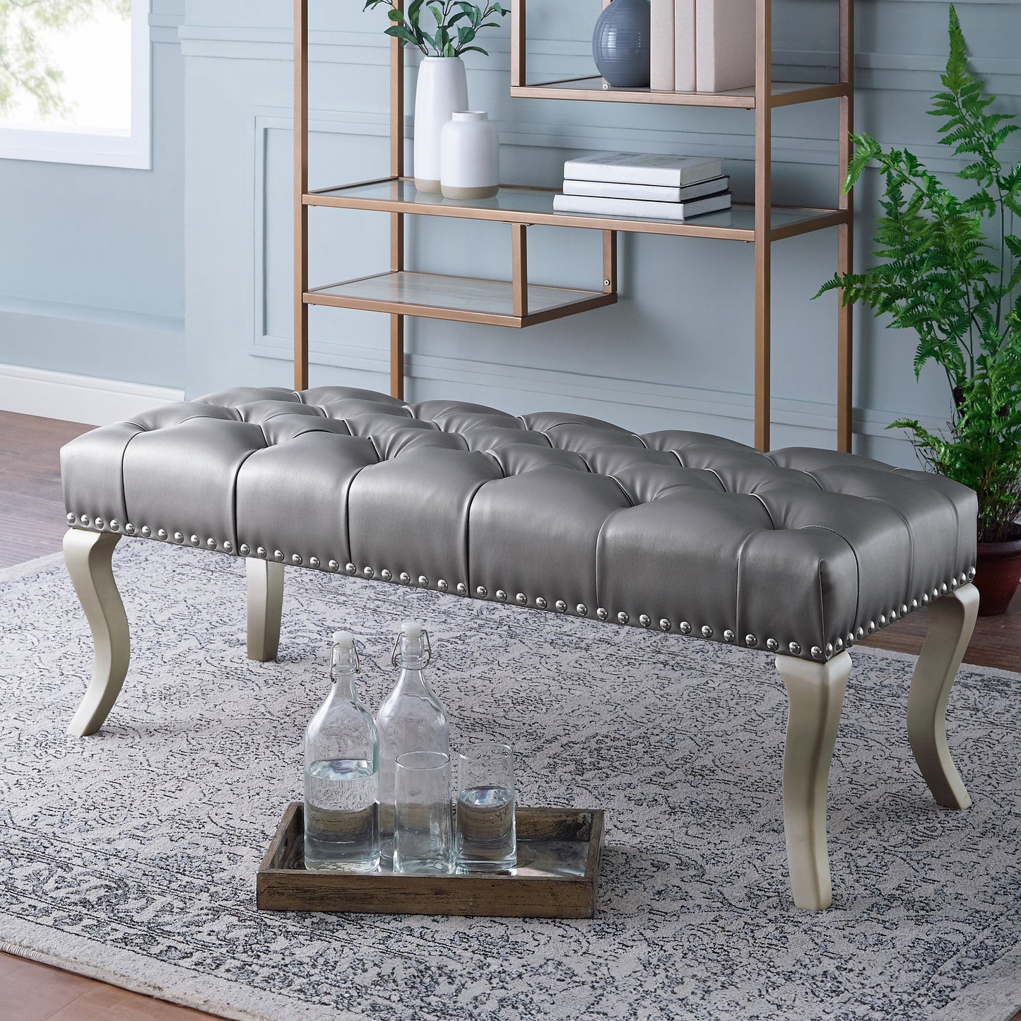 Decor Maxem Tufted Faux Leather Upholstered Seat with Nailhead Trim Bench