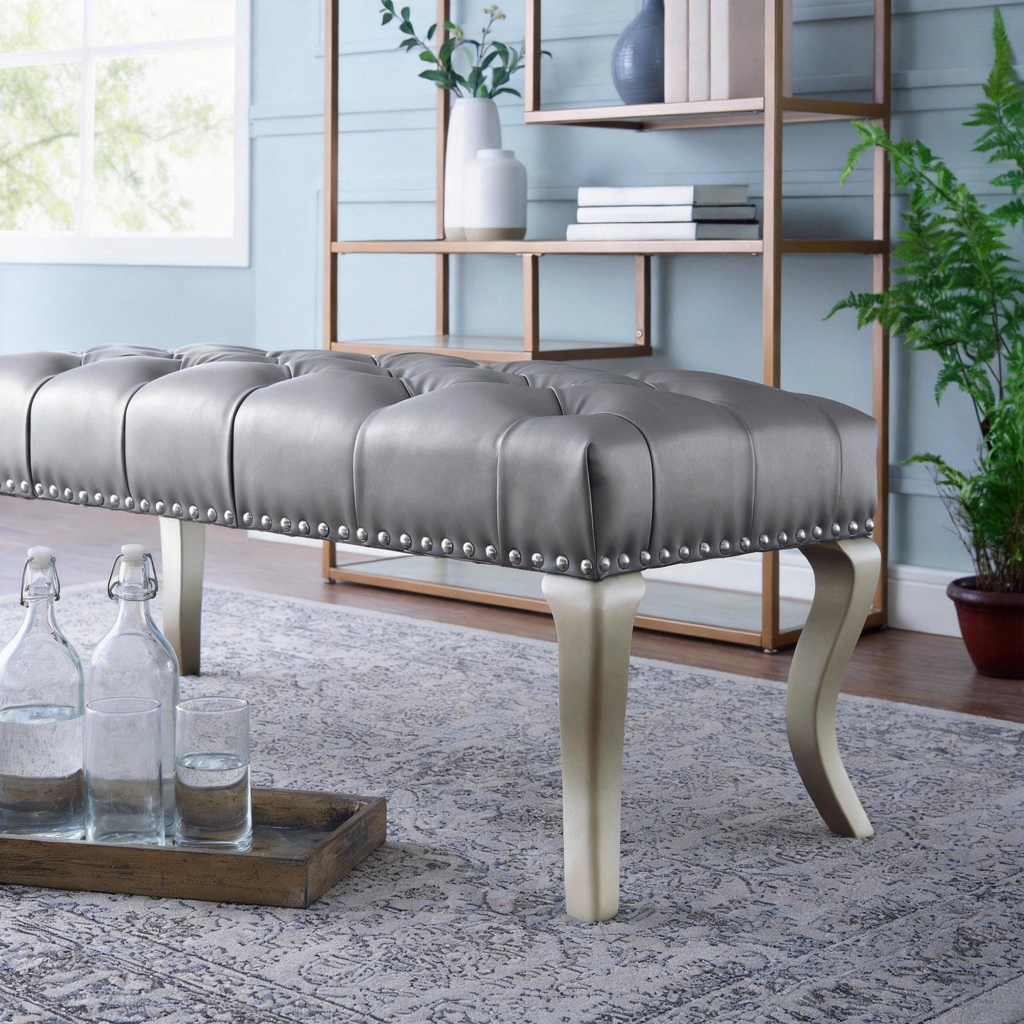 Decor Maxem Tufted Faux Leather Upholstered Seat with Nailhead Trim Bench