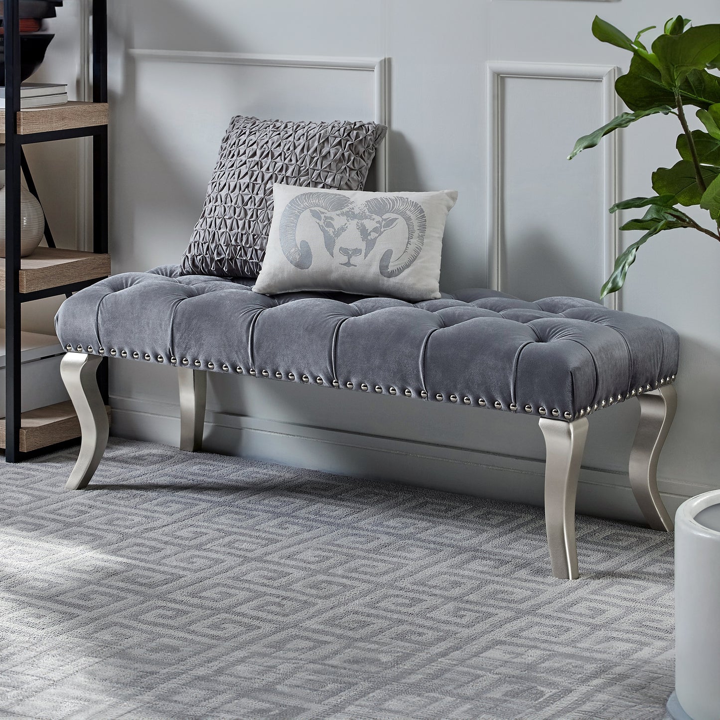 Decor Maxem Tufted Fabric Upholstered Seat with Nailhead Trim Bench, Gray