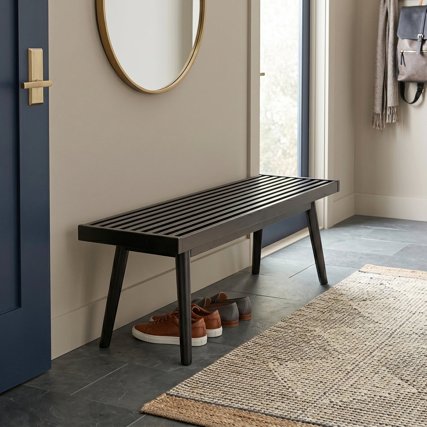 Roundhill Furniture Larwich Solid Wood Slatted Bench, 56.30-Inch Long