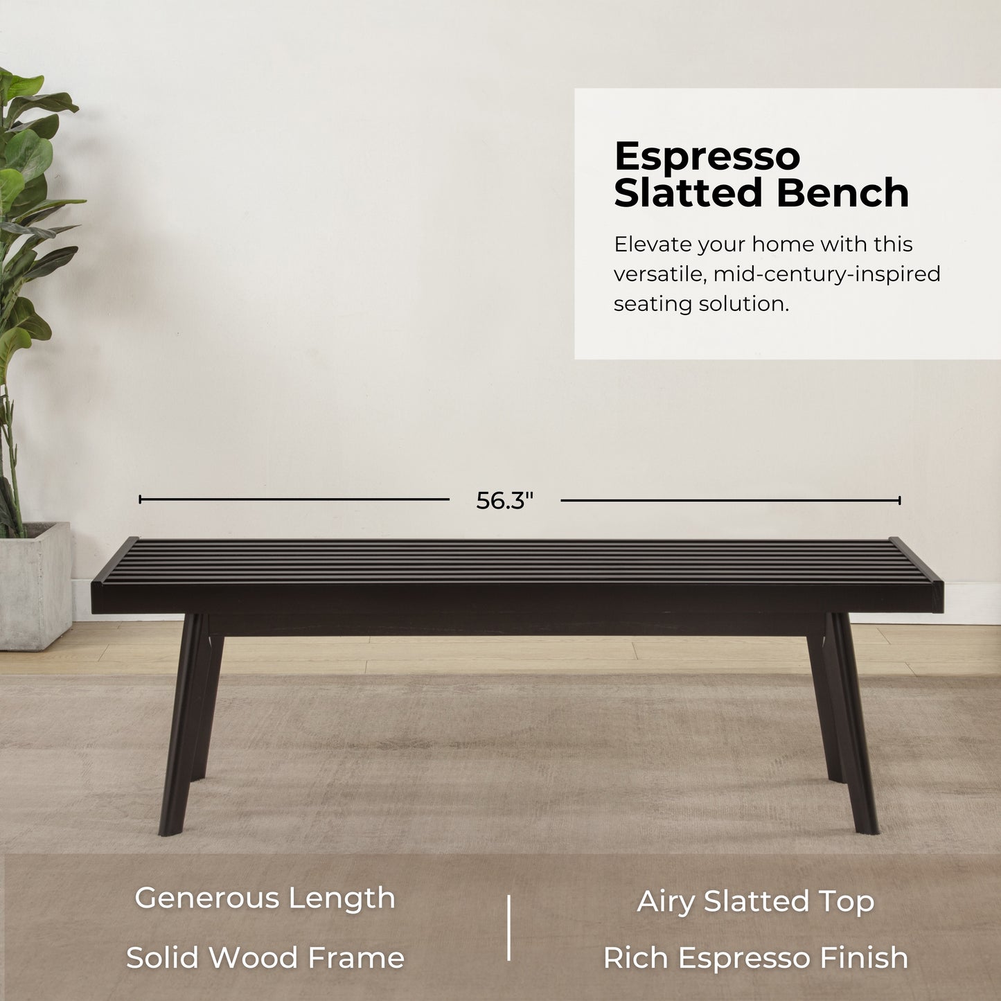 Roundhill Furniture Larwich Solid Wood Slatted Bench, 56.30-Inch Long