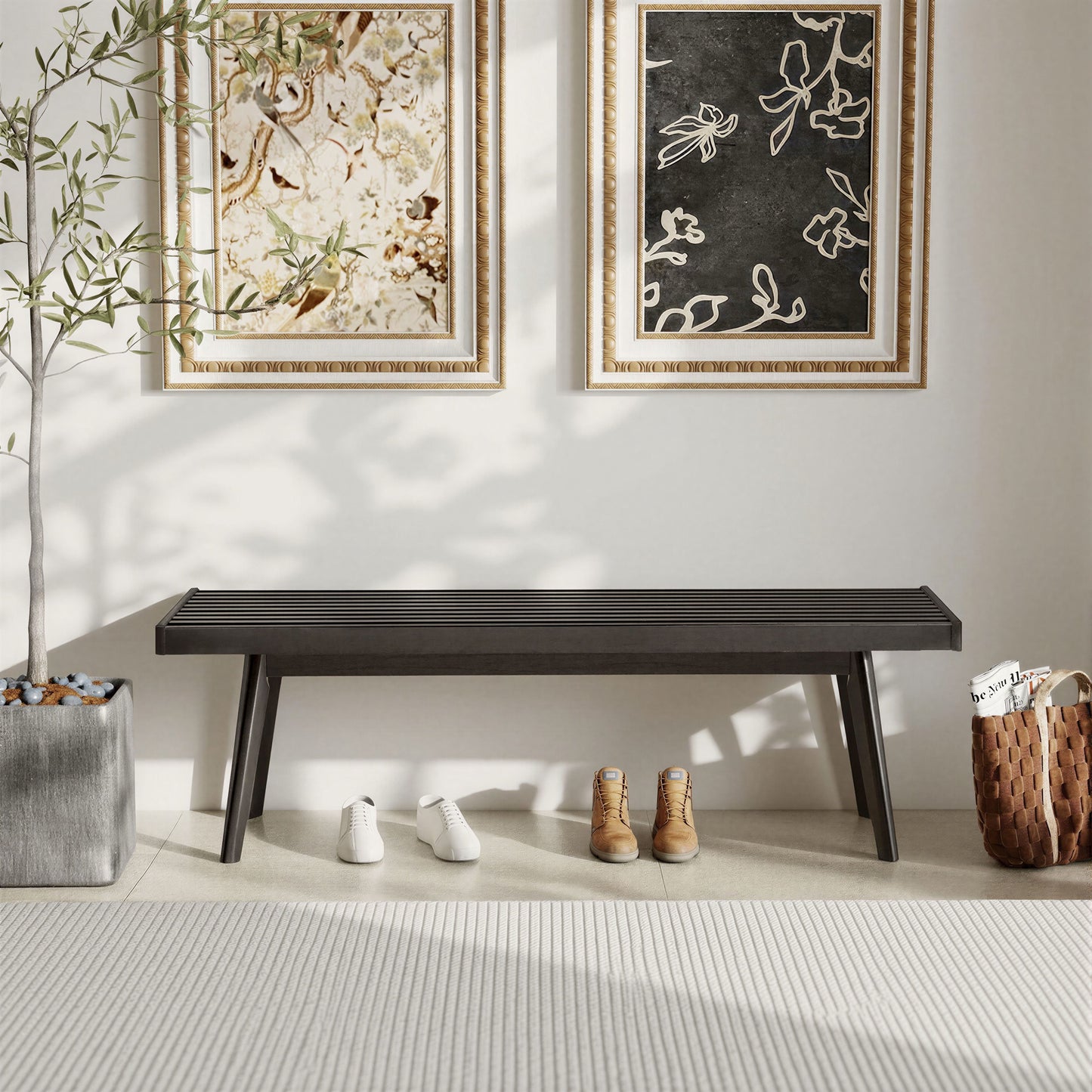Roundhill Furniture Larwich Solid Wood Slatted Bench, 56.30-Inch Long
