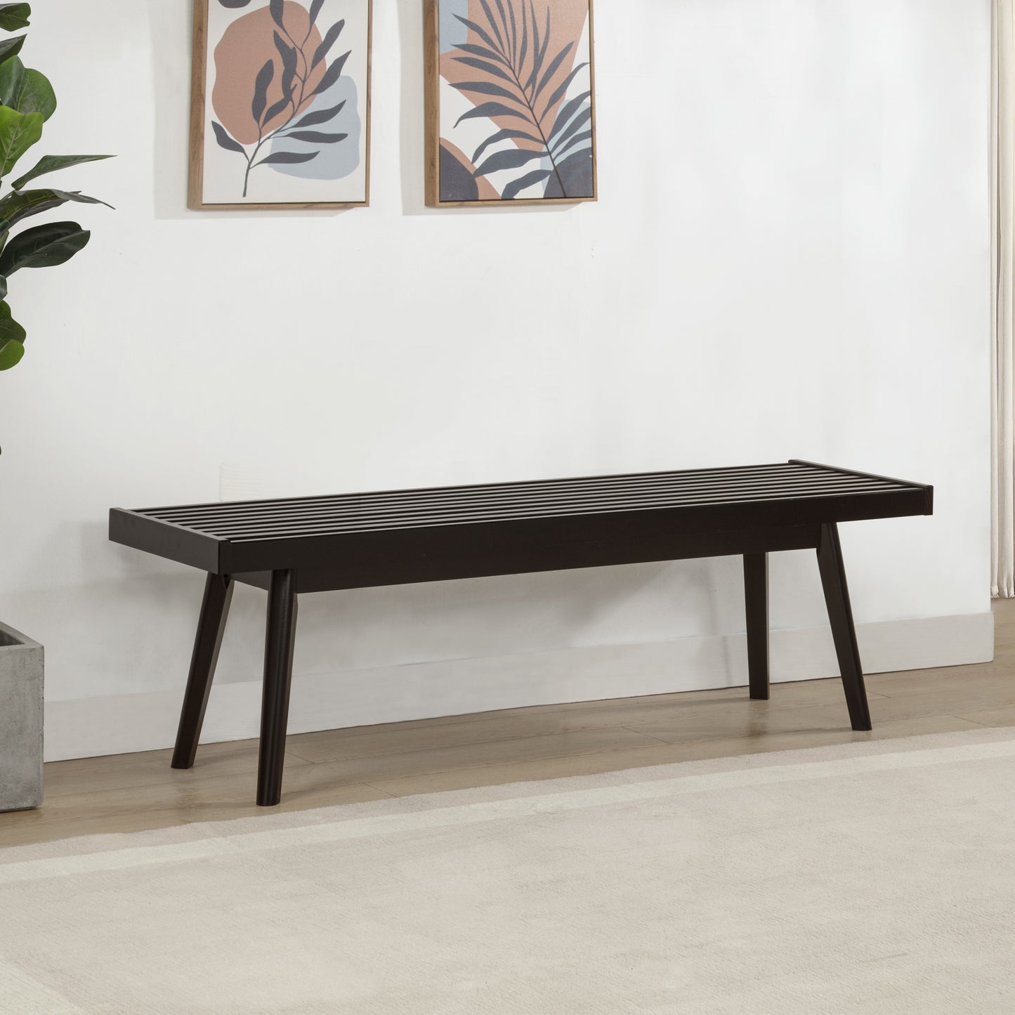 Roundhill Furniture Larwich Solid Wood Slatted Bench, 56.30-Inch Long