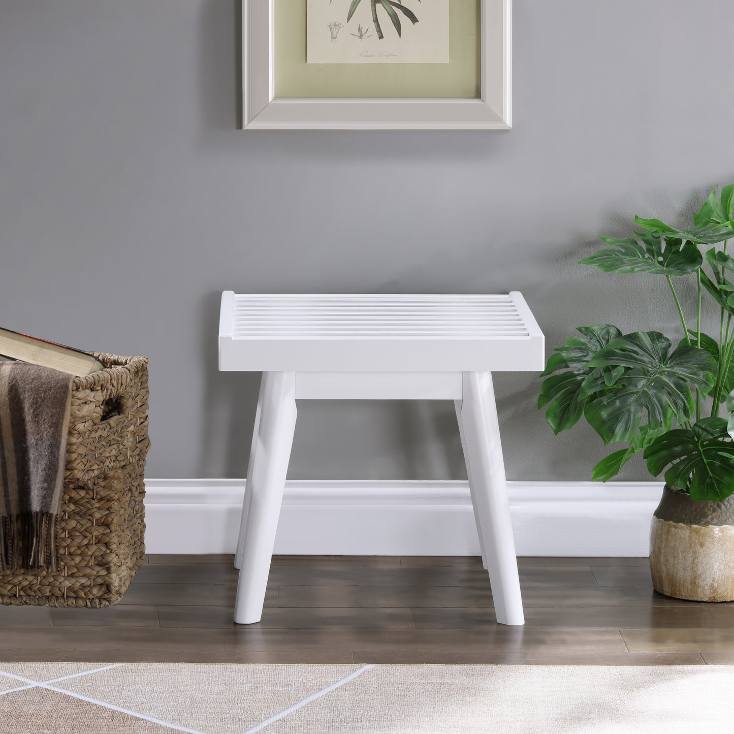 Roundhill Furniture Larwich Solid Wood Slatted Bench, 19-Inch Long, White