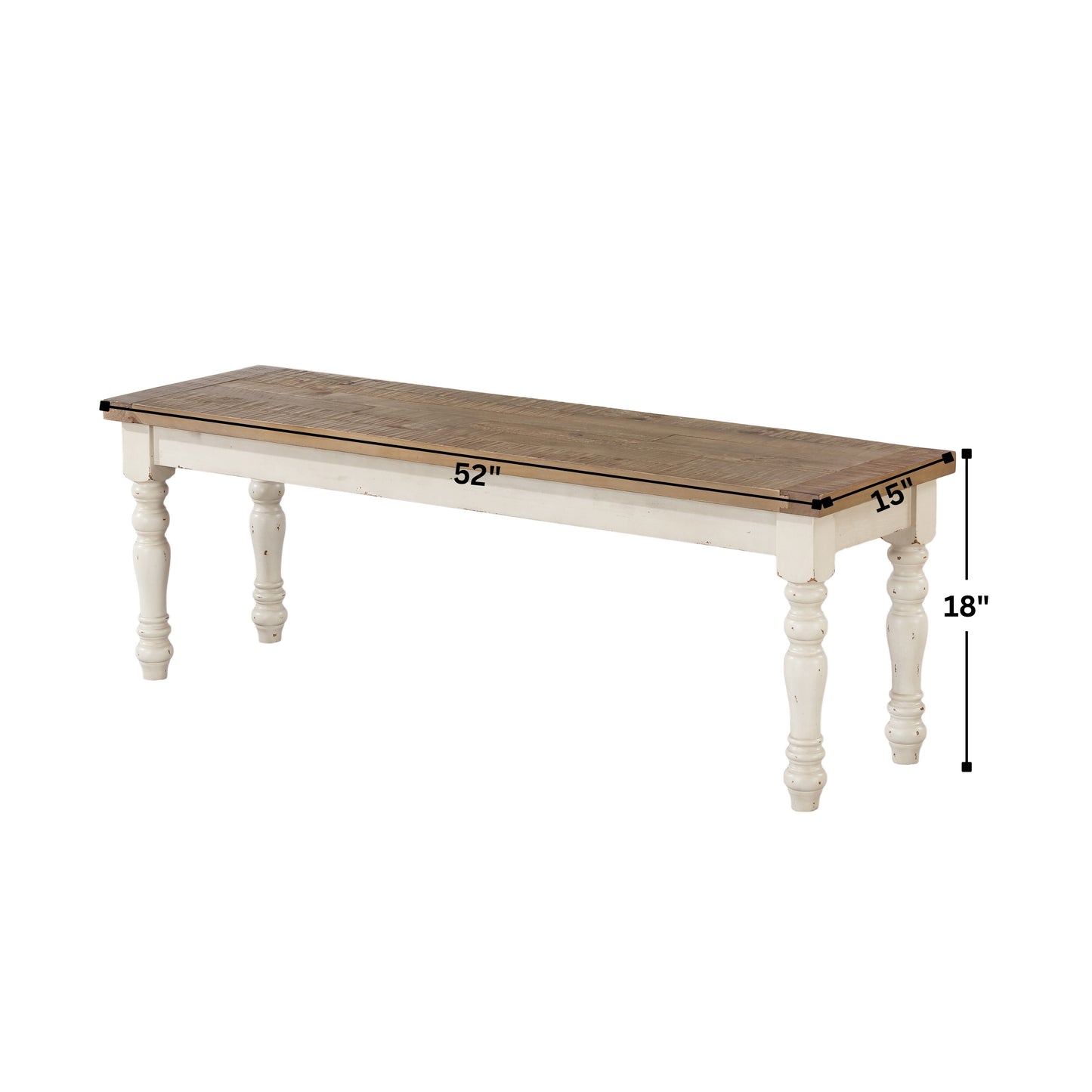 Prato Two-Tone Wood Dining Bench, Antique White and Distressed Oak