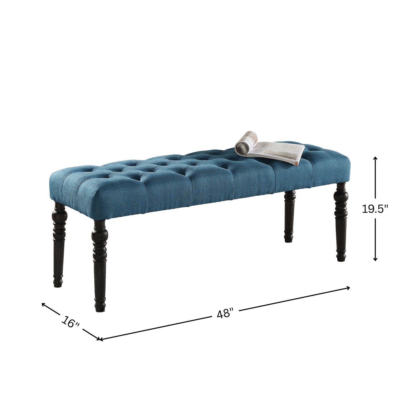 Leviton Fabric Tufted Turned Leg Dining Bench, Blue