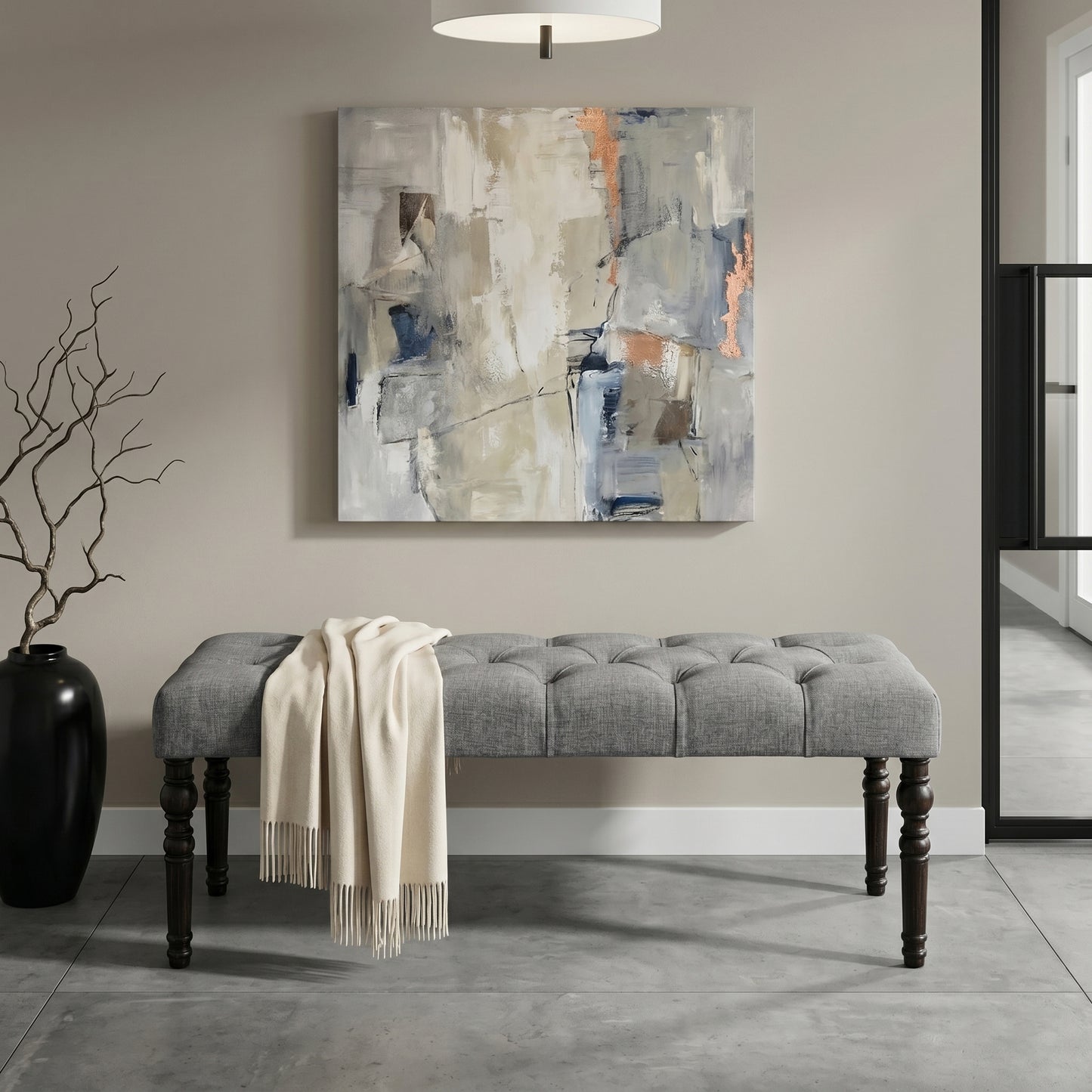 Leviton Fabric Tufted Turned Leg Dining Bench, Gray