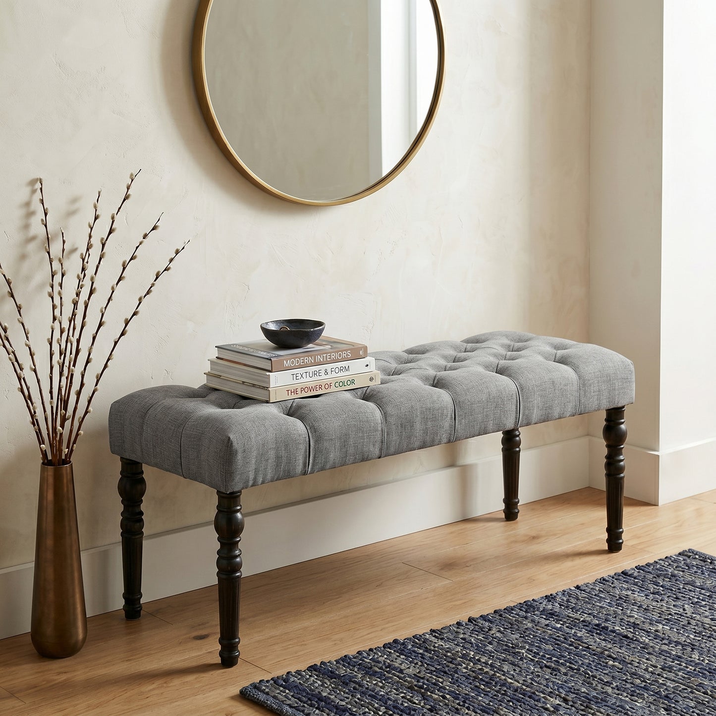Leviton Fabric Tufted Turned Leg Dining Bench, Gray