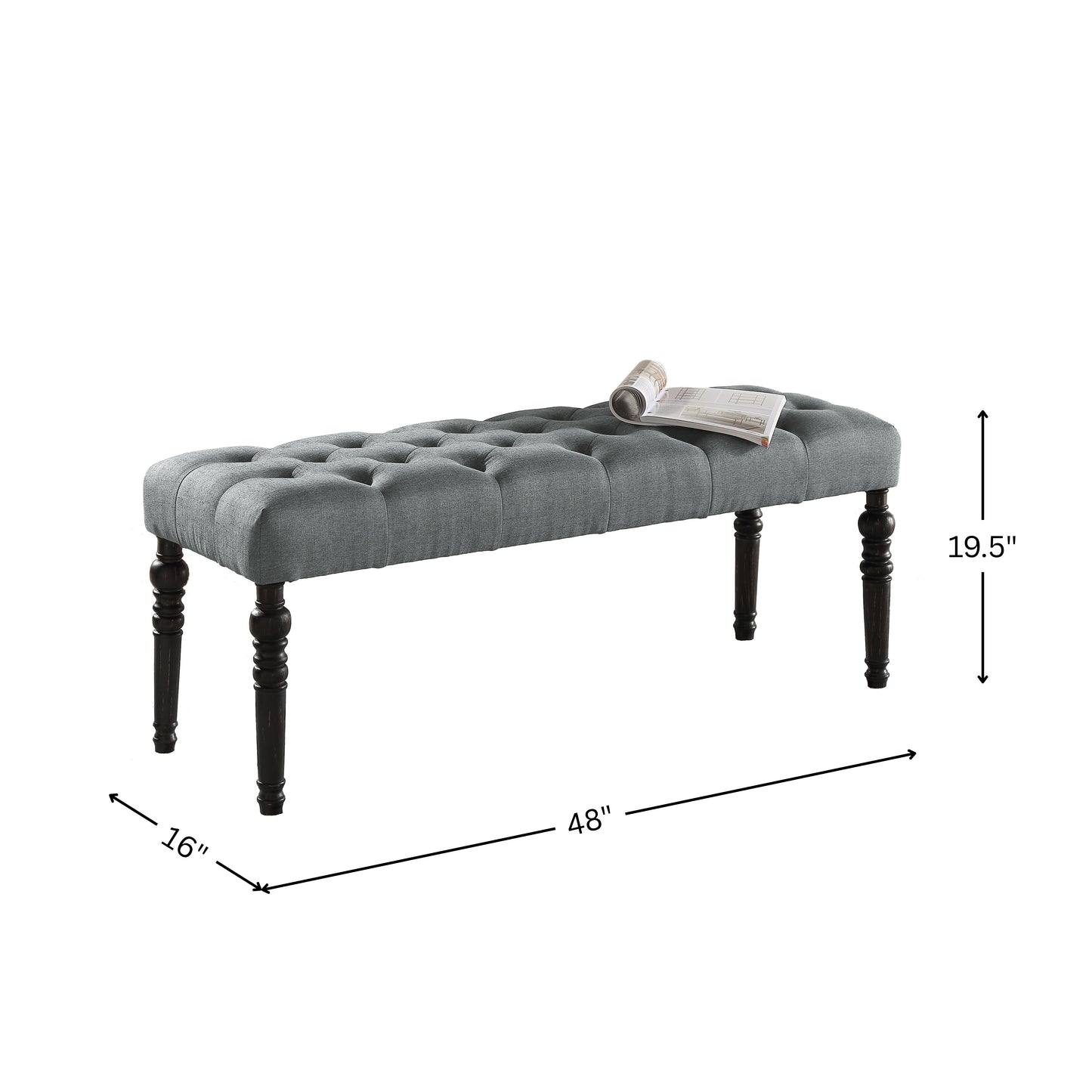 Leviton Fabric Tufted Turned Leg Dining Bench, Gray
