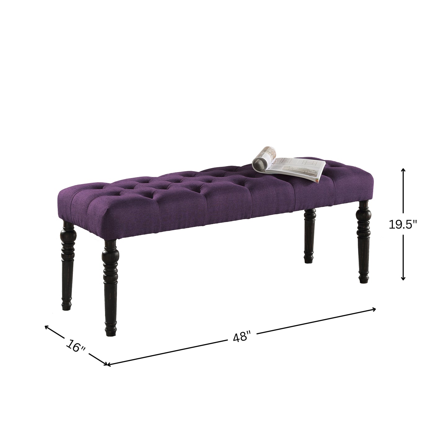 Leviton Fabric Tufted Turned Leg Dining Bench, Purple